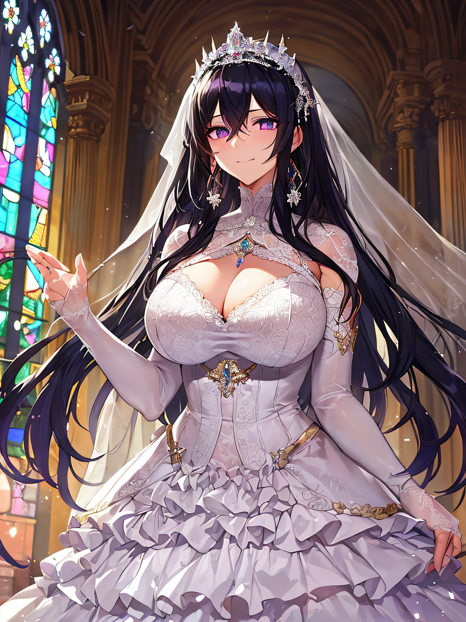 ((anime artstyle)),Masterpiece,Best Quality,Super Detail,Very Delicate and Beautiful,Solo,((full body)),((1 arrogant queen wearing beautiful embroidery gorgeous white wedding dress with voluminous crinoline hoop skirt)),(gigantic tits,skindentation),jewel-like eyes,((arrogant smile)),((arrogant,haughty)),dominant pose,Sharp eyes,(Purple eyes),Beautiful detailed face and eyes,((Bangs between eyes,voluminous straight hair,extremely Long straight Hair)),black hair,gorgeous embroidery and lace,enormous puffed sleeves,luxury hair ornament,extremely gorgeousfull jeweled tiara,long train,bling-bling gorgeous gemstone jewelry,long wedding veil,full body,standing in the sacred cathedral,indoor,white lily flowers,flower petals flowing,Stained glass,light particles,Sacred Light((beautiful embroidery gorgeous stately white wedding dress with voluminous crinoline hoop skirt))