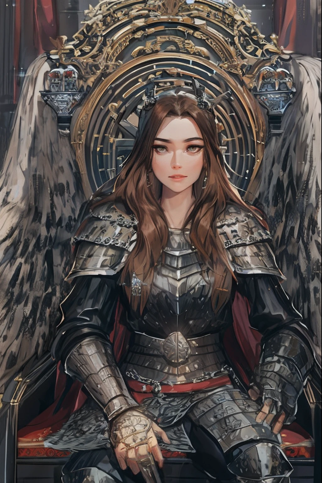 Regal Viking queen with brown hair and pale hazel eyes, wearing full metal and black leather armor, sitting on an ornate Viking throne, ((masterpiece))