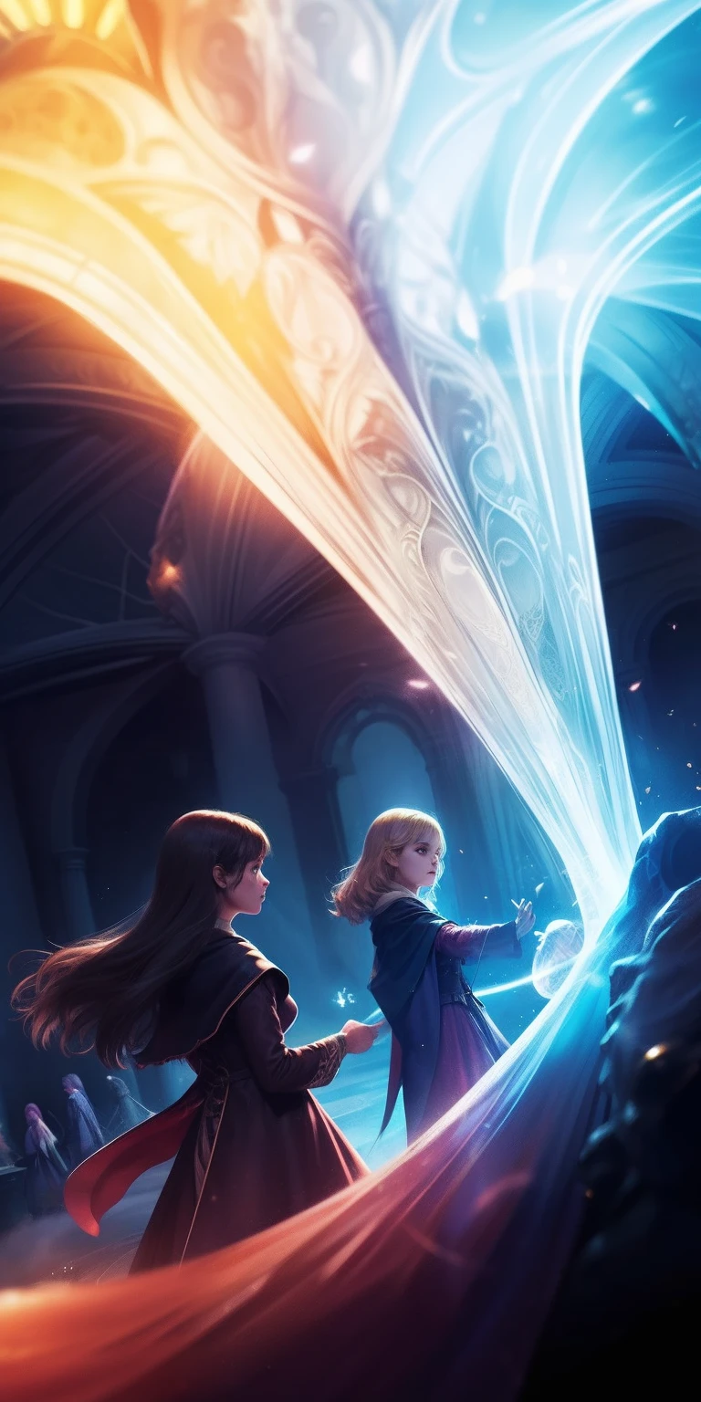 (Girls in the wizarding world,Immortal,detail-rich,Magical elements,dream colors,with dynamism,Fantasy light and shadow,Delicate depiction,Unique style),2d