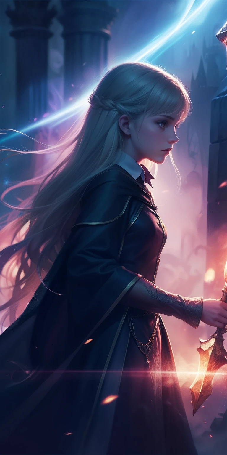 (Girls in the wizarding world,Immortal,detail-rich,Magical elements,dream colors,with dynamism,Fantasy light and shadow,Delicate depiction,Unique style),2d