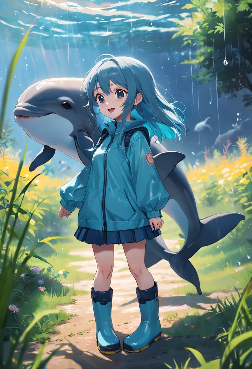 Porpoise，Cute and cute，Q version style，on a grassy field，standing on your feet，Wear rain boots，Extreme light and shadow，Smile Expression