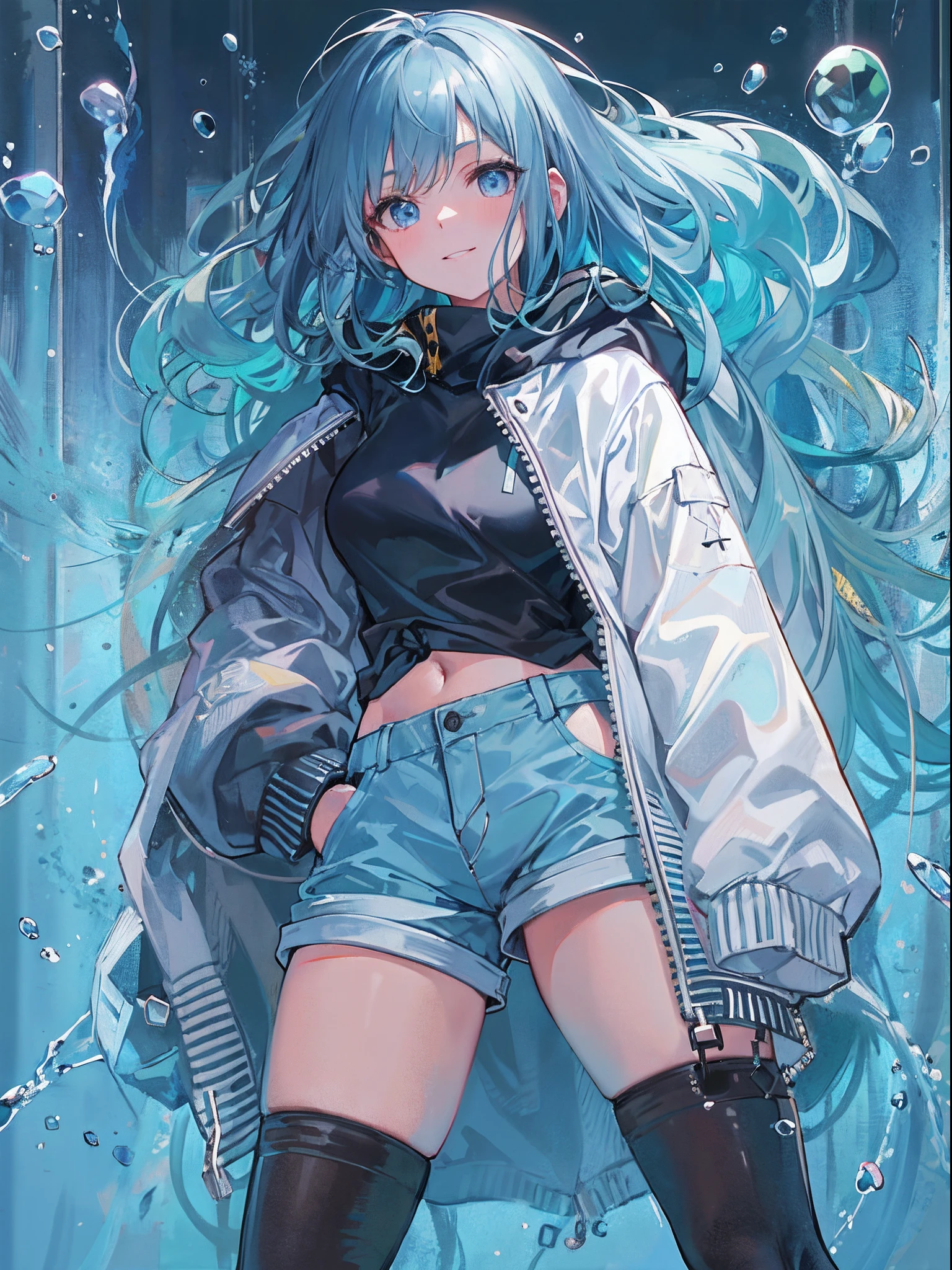 ((top quality)), ((masterpiece)), ((super detail)), (very delicate and beautiful), girl, solo, cold demeanor, ((black jacket)), she looks very (relaxed) and (calm), black hair, depth of field, evil smile, stirrups, underwater, air bubble, light blue eyes, light blue hair and dark blue tips inner color with, cold background, bobbed hair - linear art, shorts, knee high socks, oversized white hoodie, light blue ribbon tie, clothing transparent, hands in pockets