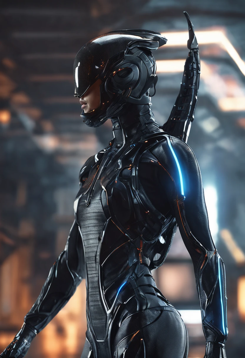 Futuristic black scorpion suit, woman, futuristic thing on it, full body and face, trending on artstation, highly detailed, by WLOP, sharp focus, studio photo, intricate details, beautiful lighting