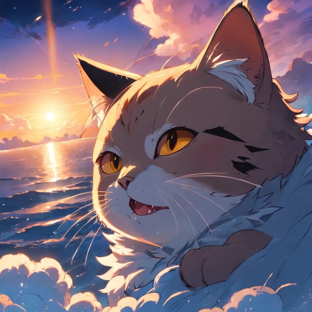 gato , Flotando en el cielo, primer plano, brillante,gato, feliz, warm and soft lighting, puesta del sol, (Chispas:0.7)