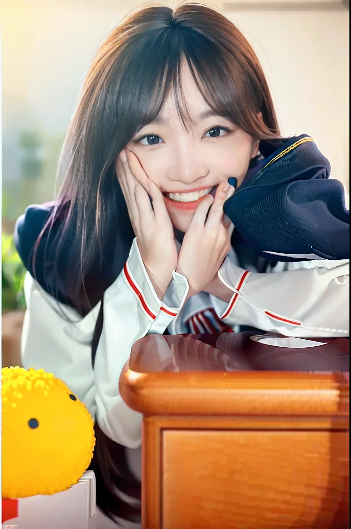 Masterpiece, Best quality, Photoreal, 1girll, Smile, teeth, Flat bangs, stunning innocent symmetry face, school uniform, Black eyes, Emotional, Orkan, (PureErosFace_V1:0.7)