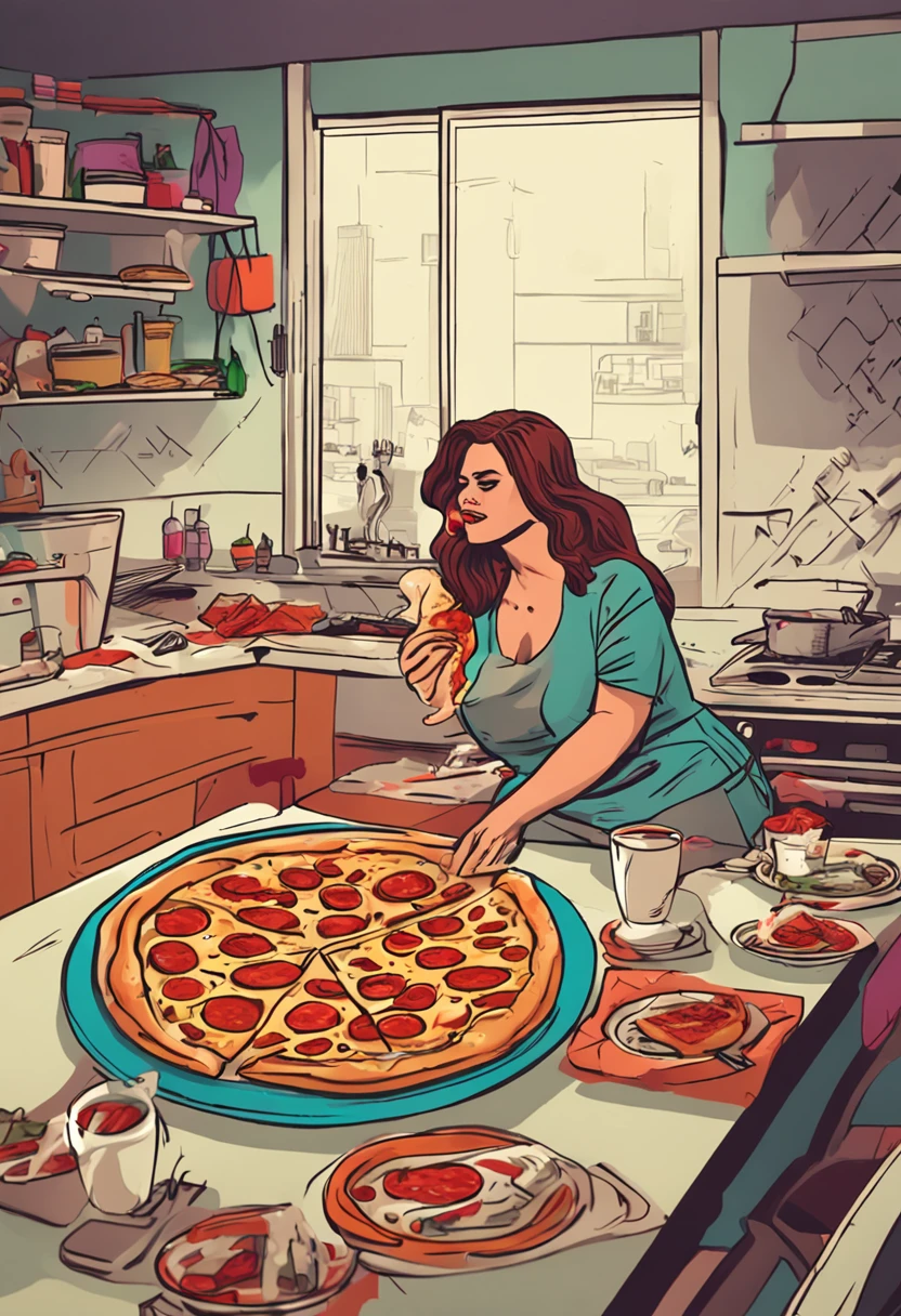 mulher gorda comendo pizza na mesa da cozinha vestida com roupas e triste por ser gorda