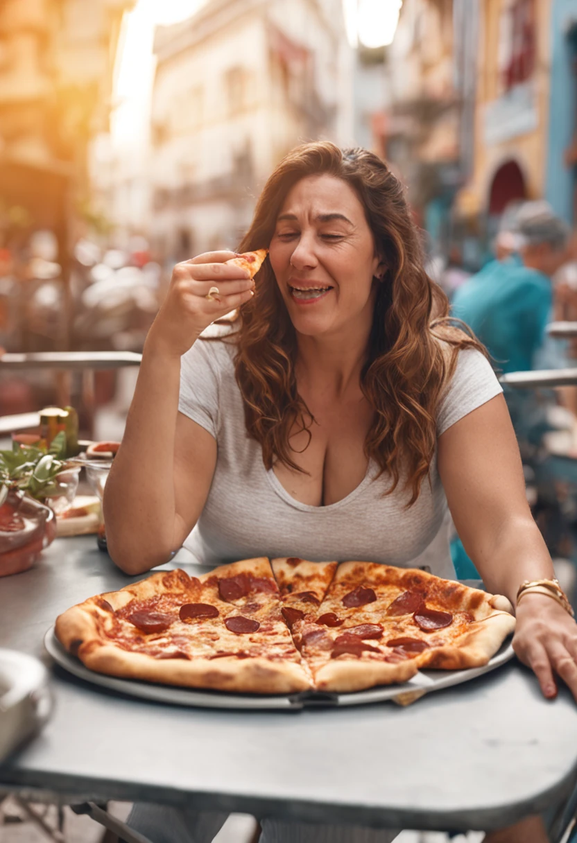 mulher gorda comendo pizza na mesa da cozinha vestida com roupas e triste por ser gorda