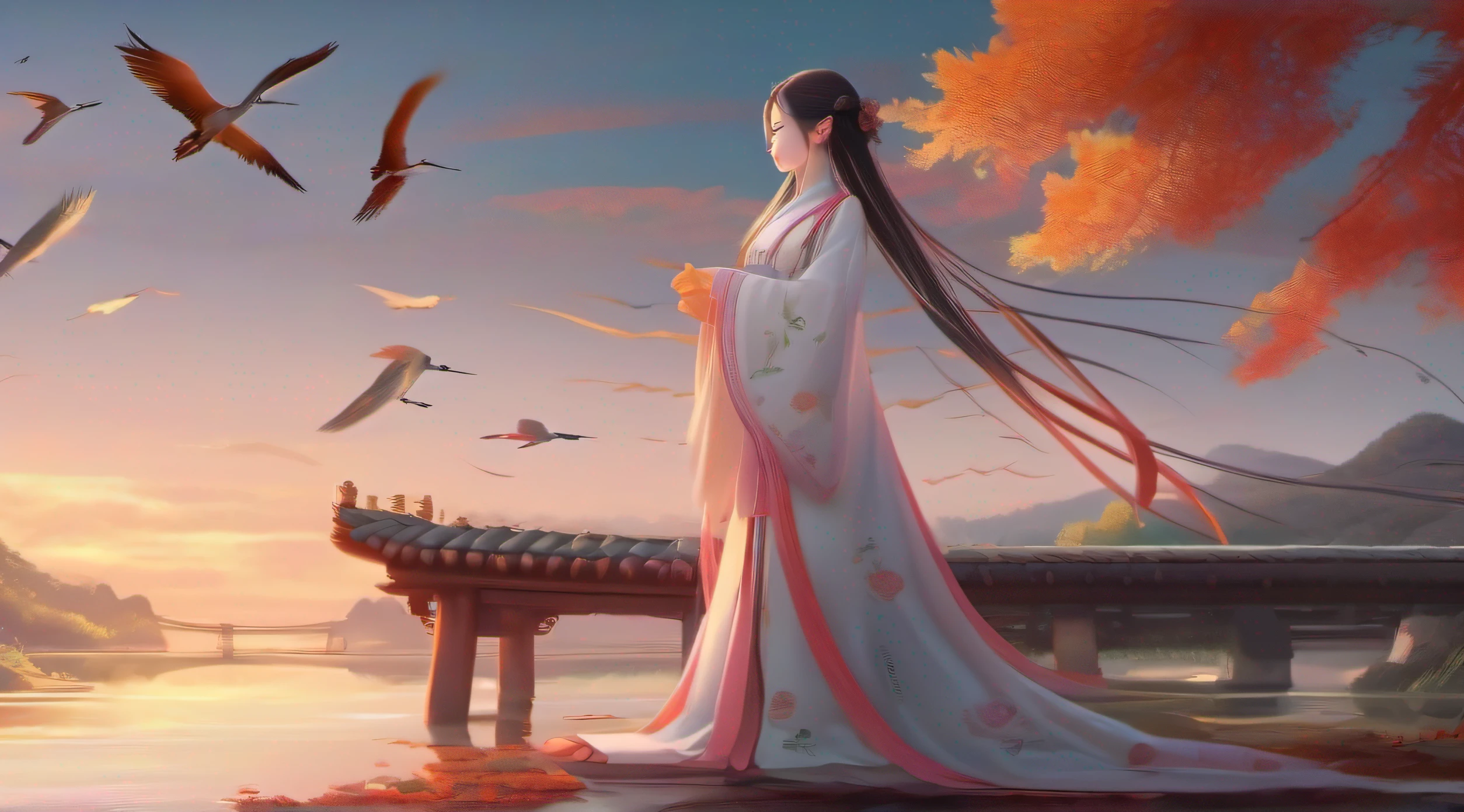 A girl with long hair in nine colors,Wearing colorful light gauze antique clothes,Around 18 years old,The complexion is very white,Slightly pink eyes,Small nose,Cherry small mouth,Mid-split ancient Chinese style hairstyle,Slender and white little hands,The background is the setting sunset and the solitary crane flying together,The autumn water is the same for a long time,2k hd 3d anime wallpaper