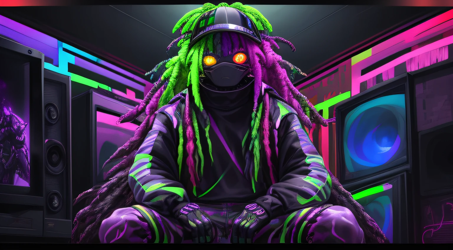 monster body, colorful neon techwear, rainbow dreads, black/white visor, random color combination, sitting on the tv, black void