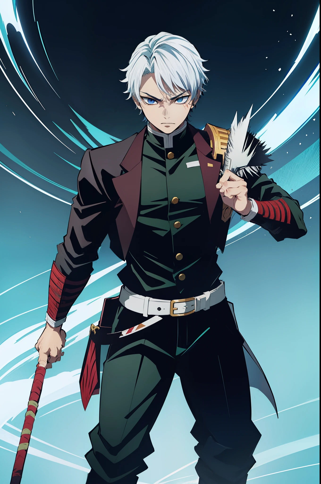 Ryuji Hikarashi has an impressive appearance that reflects his determination and skills as a demon hunter. Here is a detailed description of its appearance:
Cabelos: Your hair is black as night, com um brilho sutil quando atingidos pela luz. They are short and tidy, allowing a clear view of your face.
olhos: His eyes are intense and piercing, of a deep shade of blue that seems to reflect the calm and concentration he carries. They are slightly narrow, giving him a serious, observant expression.
rosto: His face is angular and defined, with sharp strokes that denote his determination and inner strength. It has a strong jaw and slightly detached cheekbones, contributing to your confident appearance.
physical: Ryuji has an average height for a 19-year-old, with a physical structure that combines agility and strength. Your muscles are well defined due to rigorous training and battles against demons. His posture is upright and confident, demonstrating the security he has in his abilities.
uniforme: Ele veste o distintivo uniforme da Demon Slayer Corps, que consiste em uma jaqueta preta com detalhes em azul e branco, plus dark pants and sturdy boots. Their uniform is personalized with emblems that symbolize their affiliation to the order and their unique identity.
cicatrizes: Throughout his journey as a demon hunter, Ryuji acquired some scars from battles against the demons. Uma cicatriz fina e curva pode ser vista em sua bochecha esquerda, lembrando-o das lutas que ele travou.
expression: His general expression is serene and focused. Even in the midst of tense situations, He maintains a calm and controlled composure, that helps you make quick and strategic decisions.
Geral: Ryuji Hikarashi's appearance evokes respect and trust. His determined aura and piercing gaze are indicative of someone who has faced many challenges and emerged as a true demon hunter, Prontamente