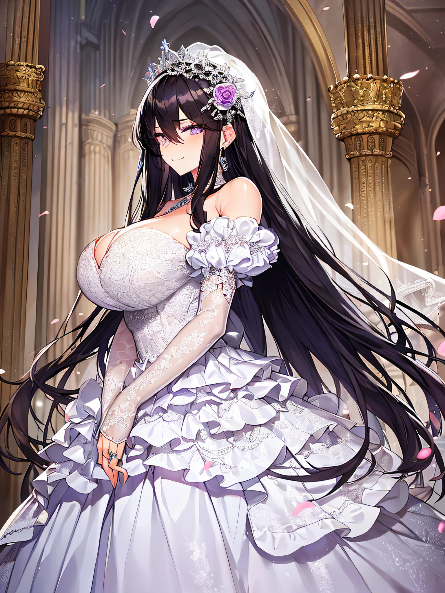 ((anime artstyle)),Masterpiece,Best Quality,Super Detail,Very Delicate and Beautiful,Solo,((full body)),((1 arrogant queen wearing beautiful embroidery gorgeous white wedding dress with voluminous crinoline hoop skirt)),(gigantic tits,skindentation),jewel-like eyes,((arrogant smile)),((arrogant,haughty)),dominant pose,Sharp eyes,(Purple eyes),Beautiful detailed face and eyes,((Bangs between eyes,voluminous straight hair,extremely Long straight Hair)),black hair,gorgeous embroidery and lace,enormous puffed sleeves,luxury hair ornament,extremely gorgeousfull jeweled tiara,long train,bling-bling gorgeous gemstone jewelry,long wedding veil,full body,standing in the sacred cathedral,indoor,white lily flowers,flower petals flowing,Stained glass,light particles,Sacred Light((beautiful embroidery gorgeous stately white wedding dress with voluminous crinoline hoop skirt))
