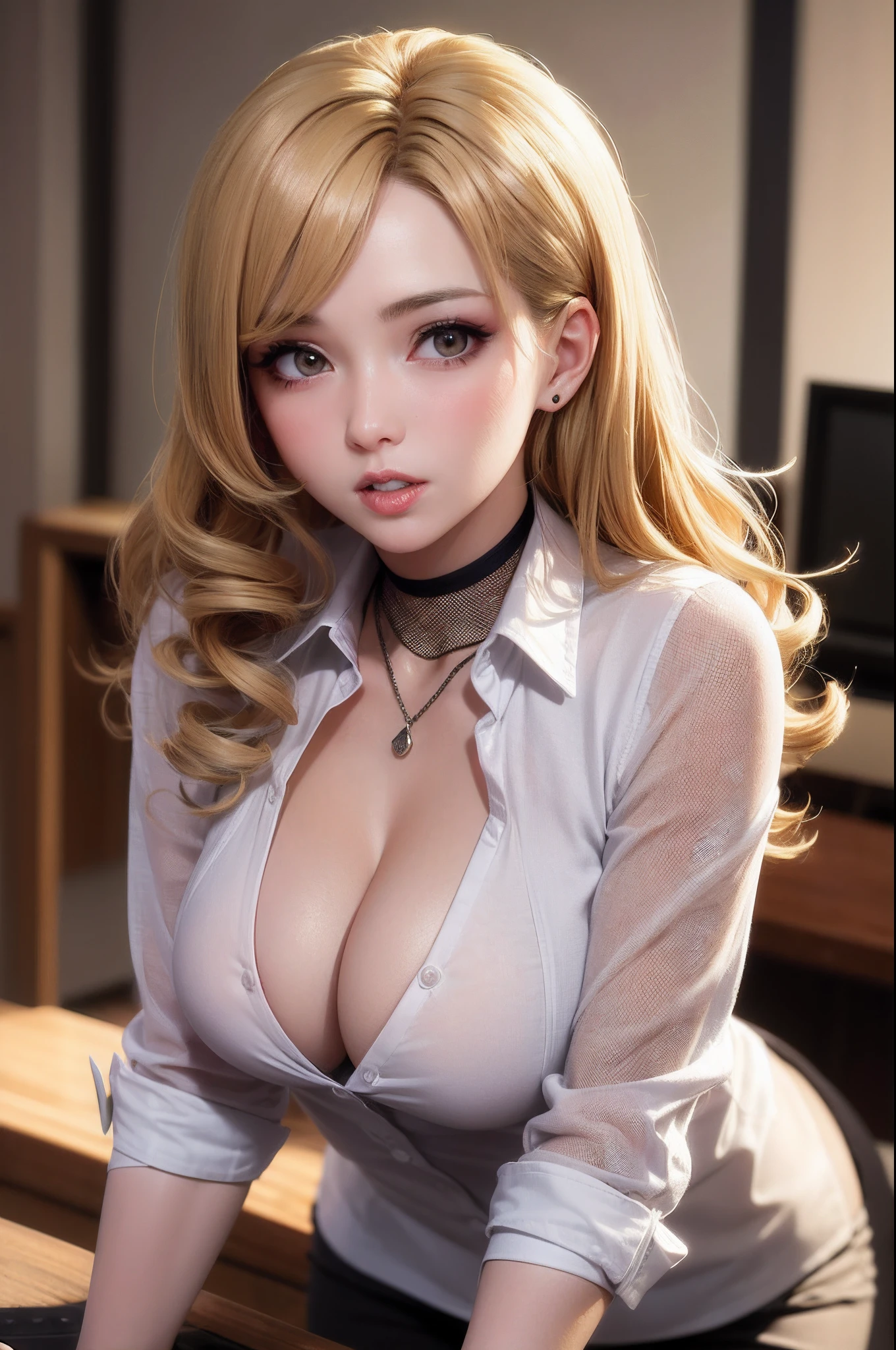 sexy scretary, professional clothing, fishnet stockings, blonde curly hair, white blouse. cleavage, sultry, sexy, naughty, office setting, ultra high def, 32k, --auto --s2