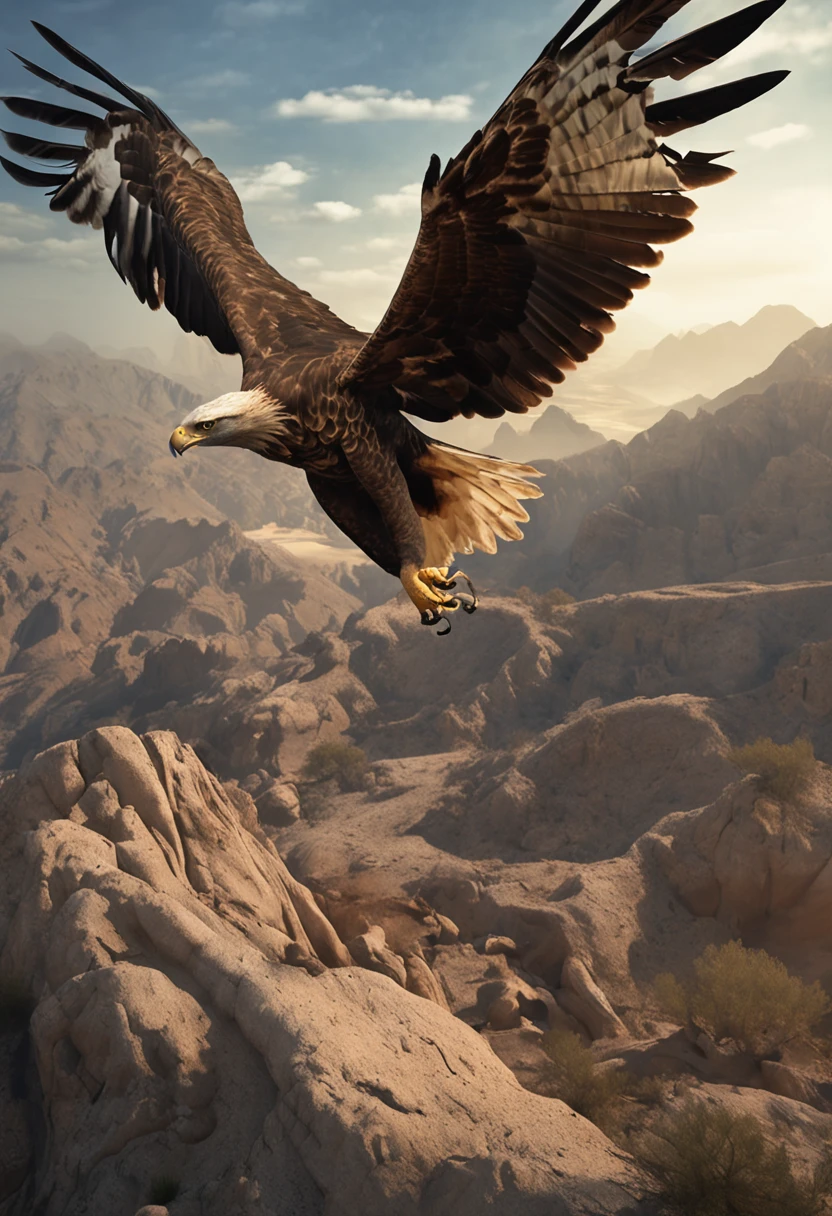 In a mesmerizing display of nature's raw power, an eagle takes to the skies with a tortoise clutched tightly in its talons. The azure heavens stretch out above, a canvas for a spectacle that combines instinct, strategy, and survival. The eagle's wings beat with rhythmic precision, lifting it higher into the heavens, its intent clear: to harness gravity itself in a bid to feast upon its well-protected prey.
The tortoise, encased in its protective shell, is the embodiment of resilience and defense. Its armored home has shielded it from countless dangers, but now faces a test unlike any other. As the eagle ascends, the world below diminishes to a patchwork of colors, and the earth's embrace weakens in the face of the sky's embrace.
At the pinnacle of its ascent, the eagle releases its grip on the tortoise. The tortoise plummets earthward, a living missile hurled from the heavens. It tumbles, shell over limb, an involuntary participant in this airborne duel. Gravity accelerates its descent, the very force that the eagle seeks to exploit now testing the limits of the tortoise's fortitude.
Impact is inevitable, a moment of violent convergence between predator and prey. The tortoise's shell, a fortress of bone and keratin, strikes the earth with a resounding thud. It withstands the force of the fall, its shell remaining intact, a guardian of life within. The eagle, a master of the skies, watches from above, its calculated gamble having yielded an unexpected outcome.
In this fleeting instant, the laws of nature entwine in a dance of survival and adaptation. The eagle's daring attempt to shatter the tortoise's defenses becomes a tale of tenacity and natural engineering, where the prey's resilience prevails over the predator's calculated strategy. And as the world resumes its regular rhythm, the tortoise retreats into the sanctuary of its shell, a survivor of a duel with gravity itself.
