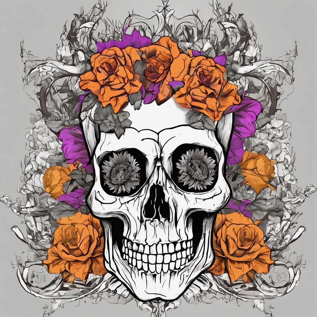 a closeup of a skull with flowers on it, fantasy skull, sacred skull, morphing skulls, ((skull)), death skull, skull tattoo, skull head, Tinta de caveira, skull like, skulls, sacred skulls, skull bones flowers, glass skull, skulls around, arte de fundo, skull face, Directed by: Derek Zabrocki, caveira, colour print