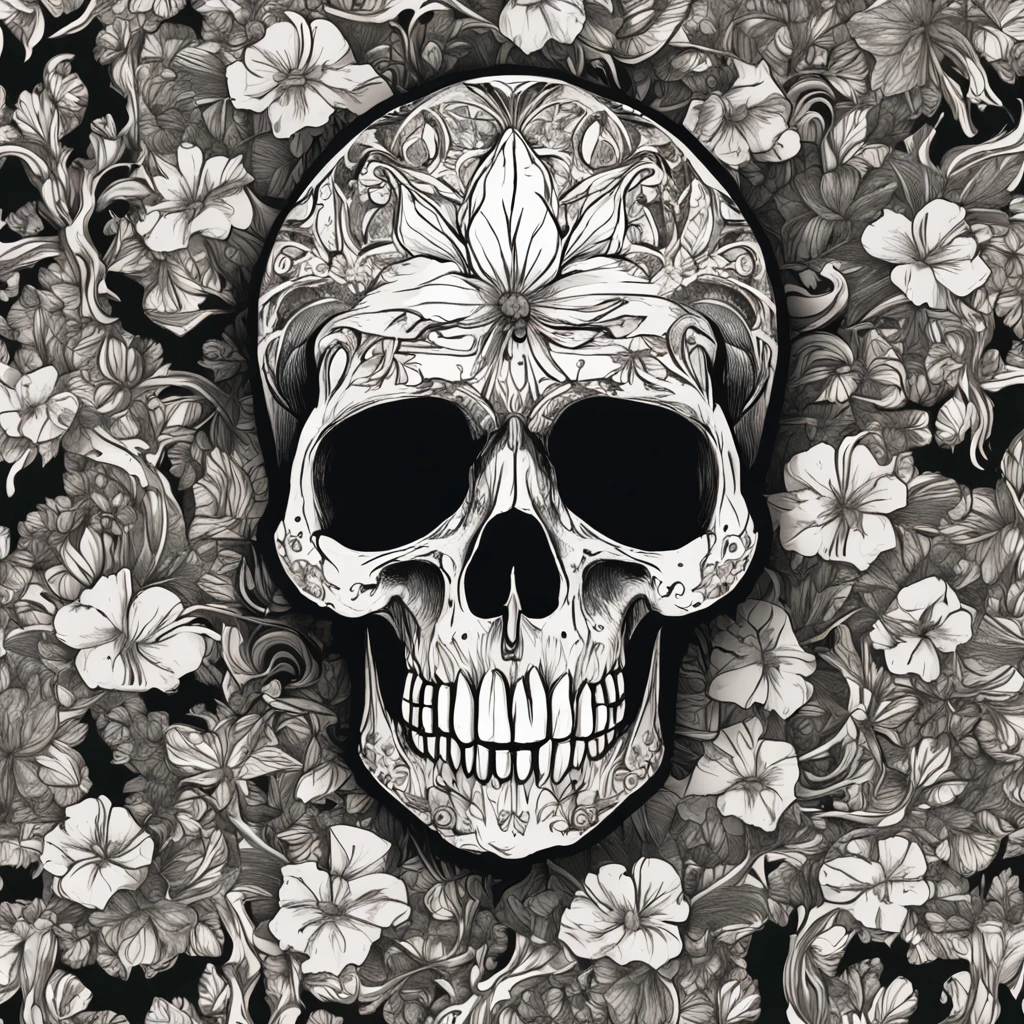 a closeup of a skull with flowers on it, fantasy skull, sacred skull, morphing skulls, ((skull)), death skull, skull tattoo, skull head, Tinta de caveira, skull like, skulls, sacred skulls, skull bones flowers, glass skull, skulls around, arte de fundo, skull face, Directed by: Derek Zabrocki, caveira, colour print