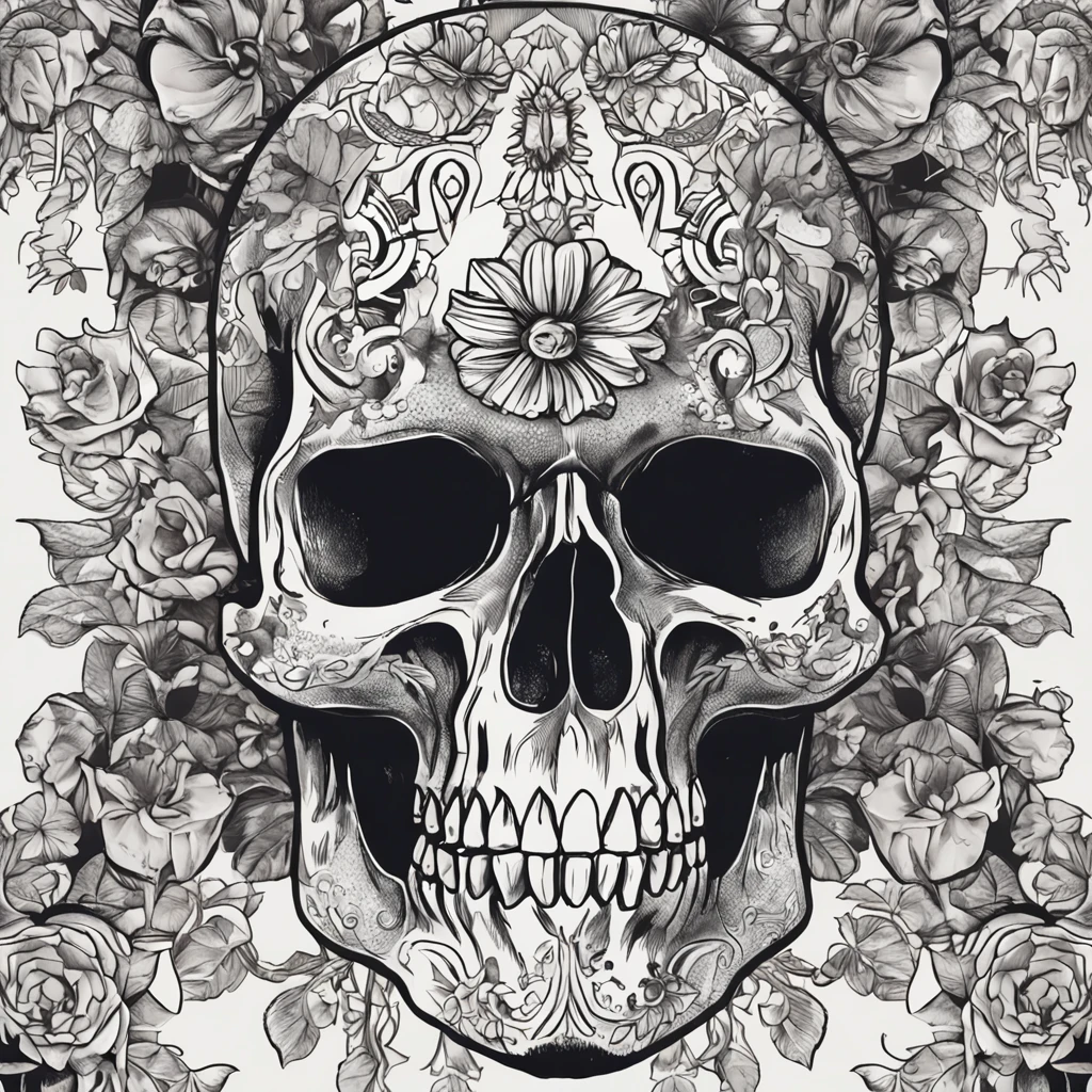 a closeup of a skull with flowers on it, fantasy skull, sacred skull, morphing skulls, ((skull)), death skull, skull tattoo, skull head, Tinta de caveira, skull like, skulls, sacred skulls, skull bones flowers, glass skull, skulls around, arte de fundo, skull face, Directed by: Derek Zabrocki, caveira, colour print