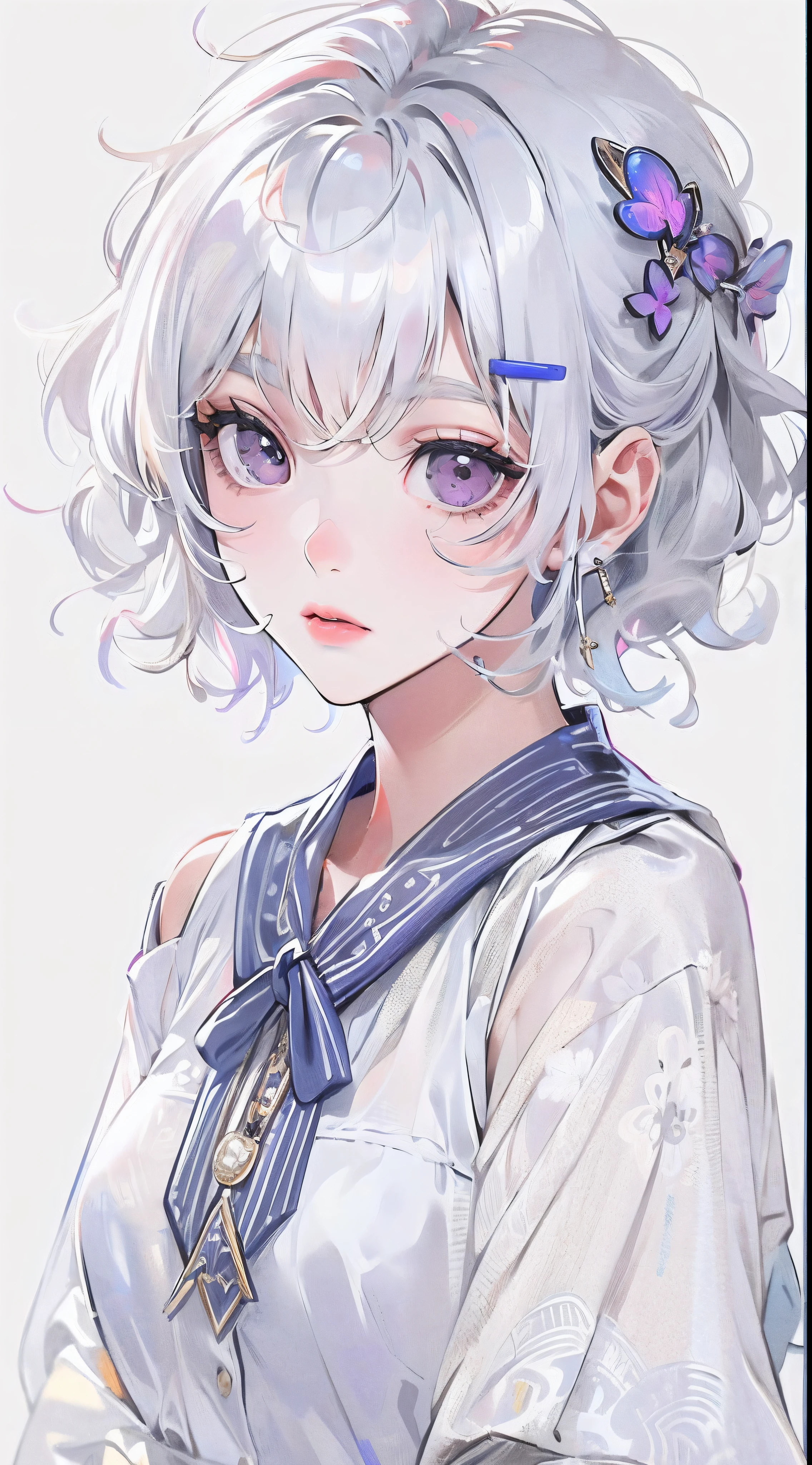 Best quality, highly detailed, masterpiece, ultra detailed, (reality: 1.2), 1 girl, (white background), simple background, delicate eyes, silver hair, purple eyes, hair_ornament, (white off-the-shoulder shirt: 1.3), short hair, pointy_ears, expressionless,wave hair