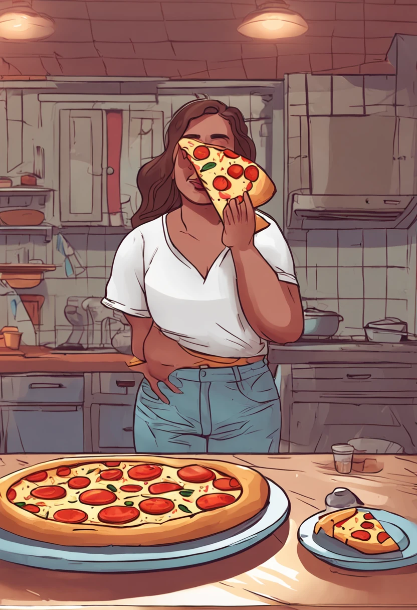 mulher gorda comendo pizza na mesa da cozinha vestida com roupas e triste por ser gorda