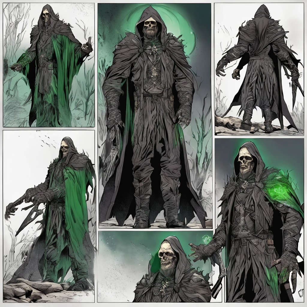 Best quality, masterpiece, ultra high res,detailed background,realistic,hadesstyle,solo,male,mature,bara,muscular,mature male,short hair,facial hair,wizard,necromancer,skull,green fire,horror \(theme\),dark fantasy,evil,cape,depth of field