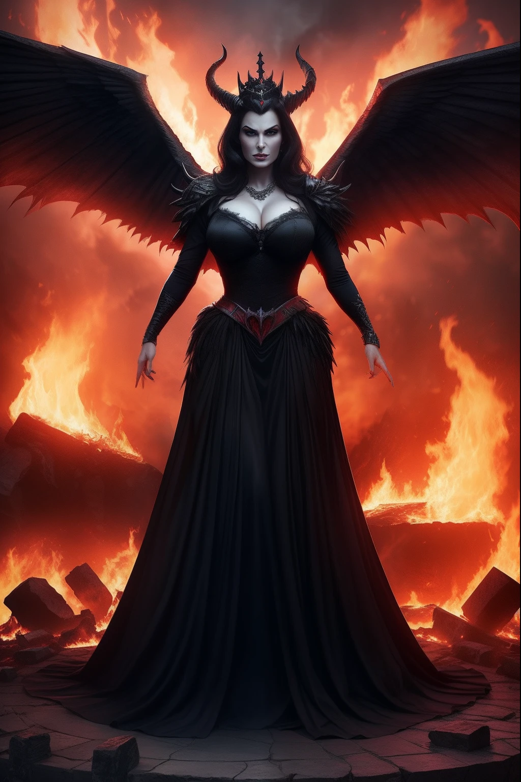 an angel woman, long flowing black hair, wearing a red gown, flying over a dark castle in Hell, fantasy lighting, bright atmosphere, fantasy,