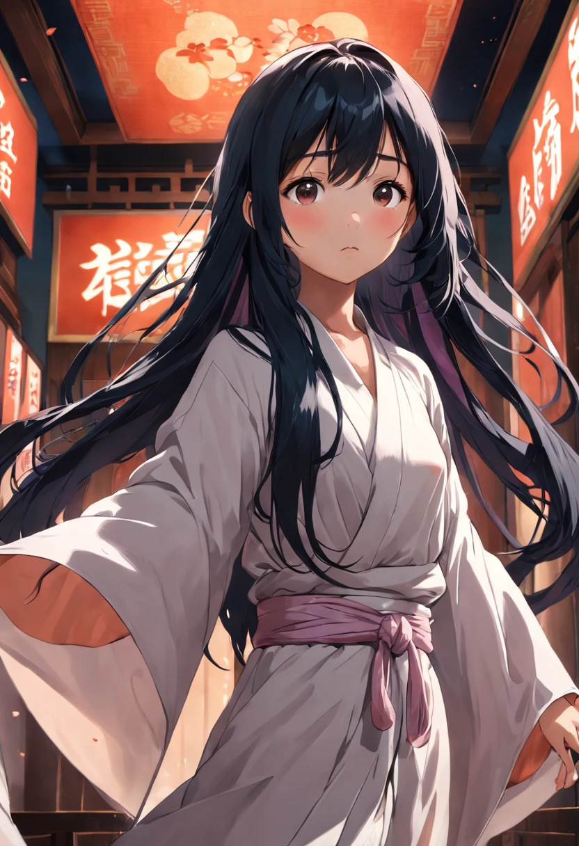 Asian girl with long black hair covering herself with a cloth coming out of the bathroom
