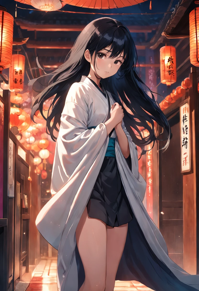 Asian girl with long black hair covering herself with a cloth coming out of the bathroom
