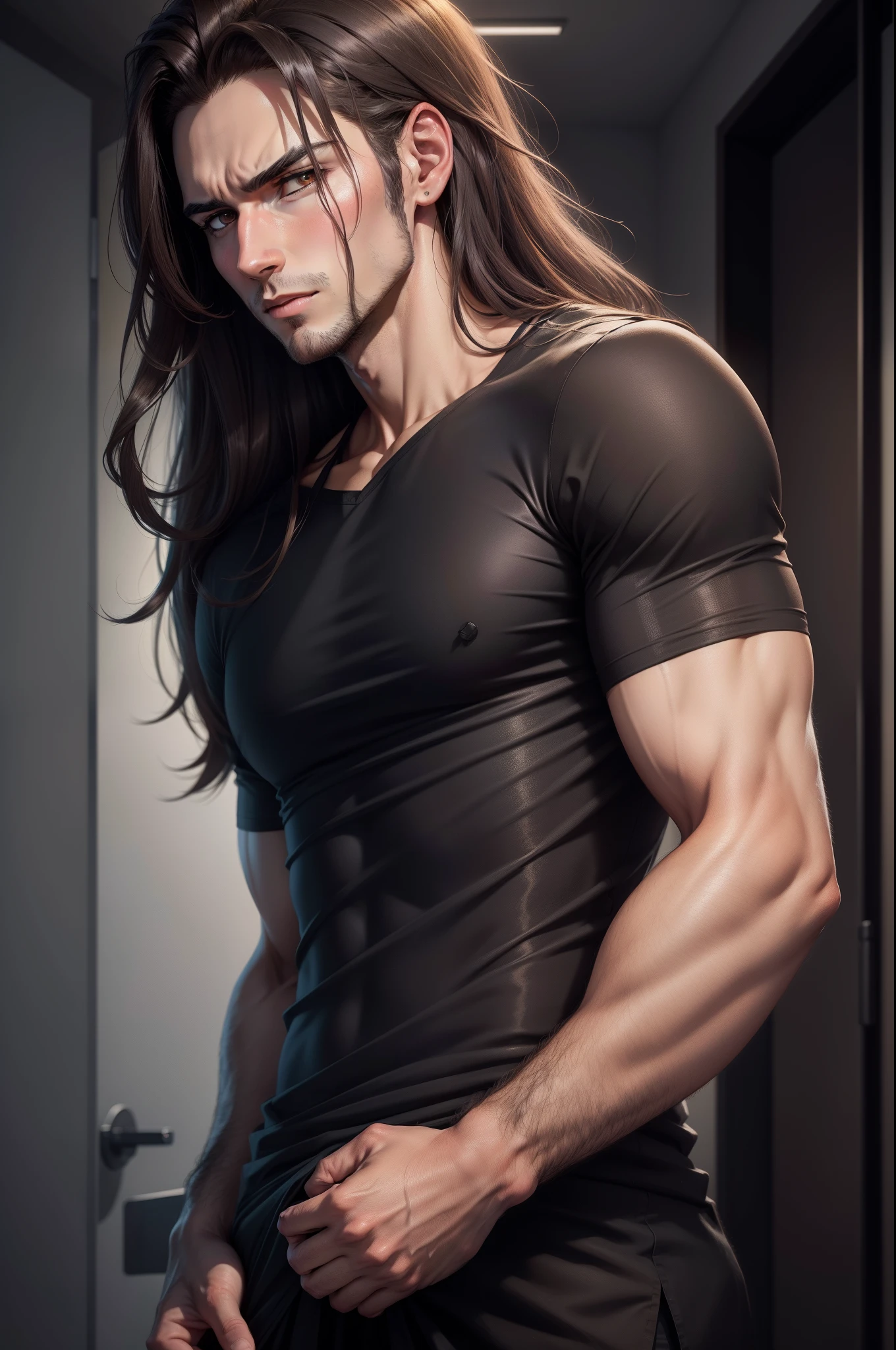 8k realistic image of handsome male, 25 years old, long brown hair, brown eyes, dressed in simple black casual shirt, black bandages wrapped around arms, expression of pain, in a doctor's office, anime style artwork