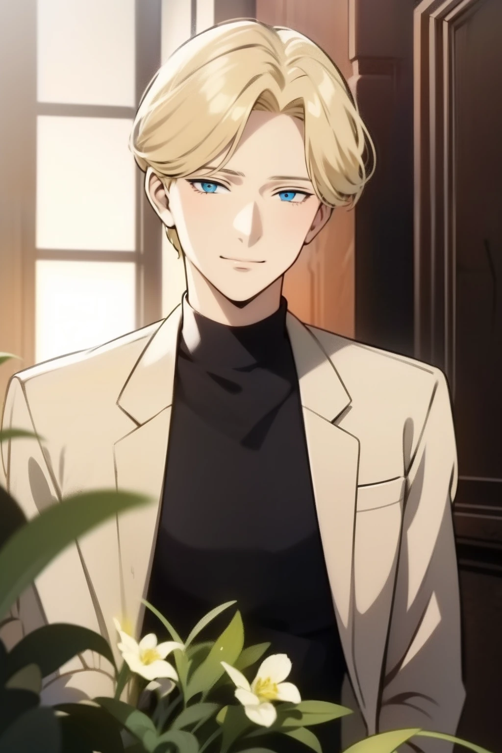 johan liebert, smiling softly, blue eyes, and blonde hair