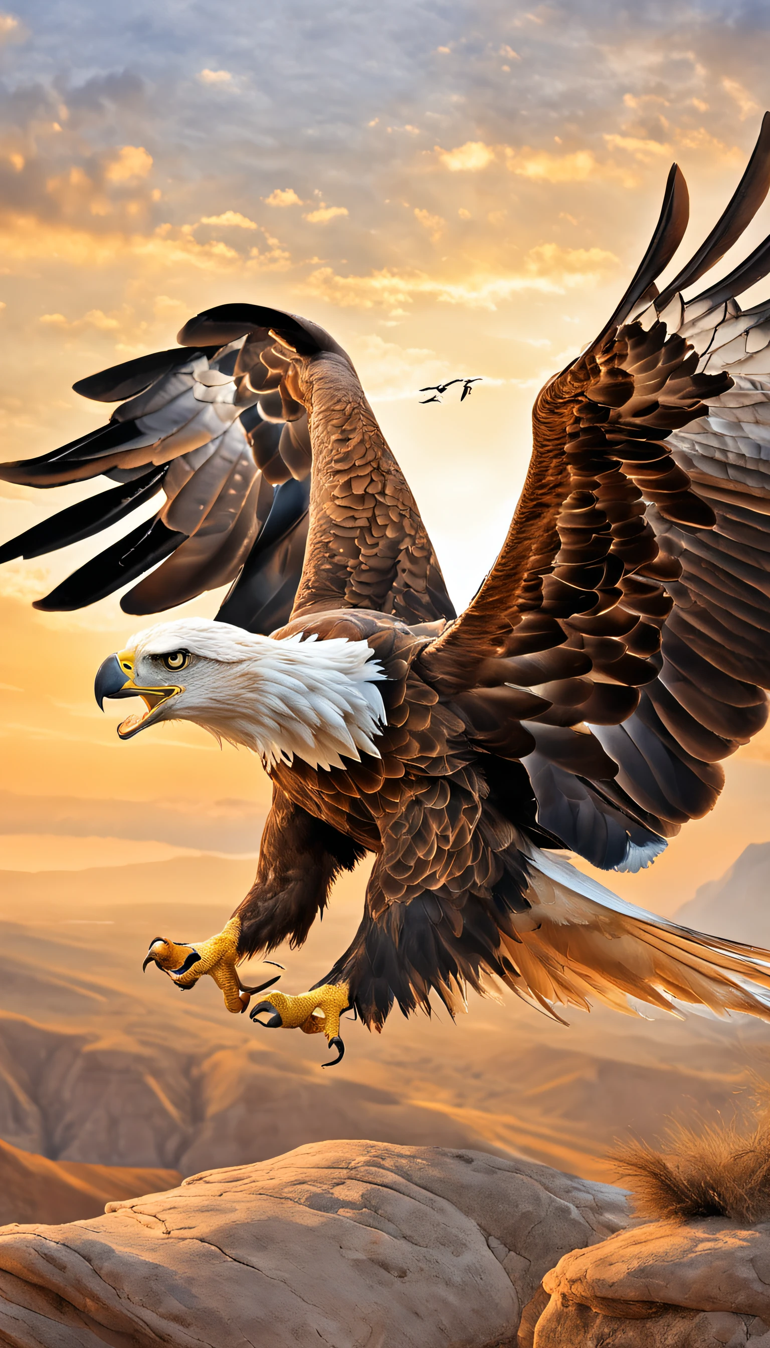 A captivating and dramatic moment frozen in time: an eagle in mid-flight, carrying a tortoise high above, preparing to release it from a great height. This extraordinary image is captured with precision using an analogue Nikon Z 14mm ultra-wide angle lens in RAW format, showcasing the raw power and resourcefulness of nature. The eagle's wings are extended wide, showcasing its strength as it holds the tortoise aloft. The anticipation is palpable as the bird prepares to release its prey from a dizzying height. The lighting adds to the intensity, casting dynamic shadows that emphasize the eagle's focused gaze and the tortoise's determined shell. The color palette is a harmonious blend of earthy tones and vivid accents, capturing the rich hues of the eagle's plumage and the tortoise's shell. The background might feature a panoramic view of the landscape below, enhancing the sense of height and the vast expanse over which this action unfolds. This image is a testament to the unyielding instinct of the natural world, revealing the strategies animals employ to secure their sustenance. It's a moment that encapsulates the circle of life and the intricate dance between predator and prey, inspiring awe and wonder in the face of nature's complexity.