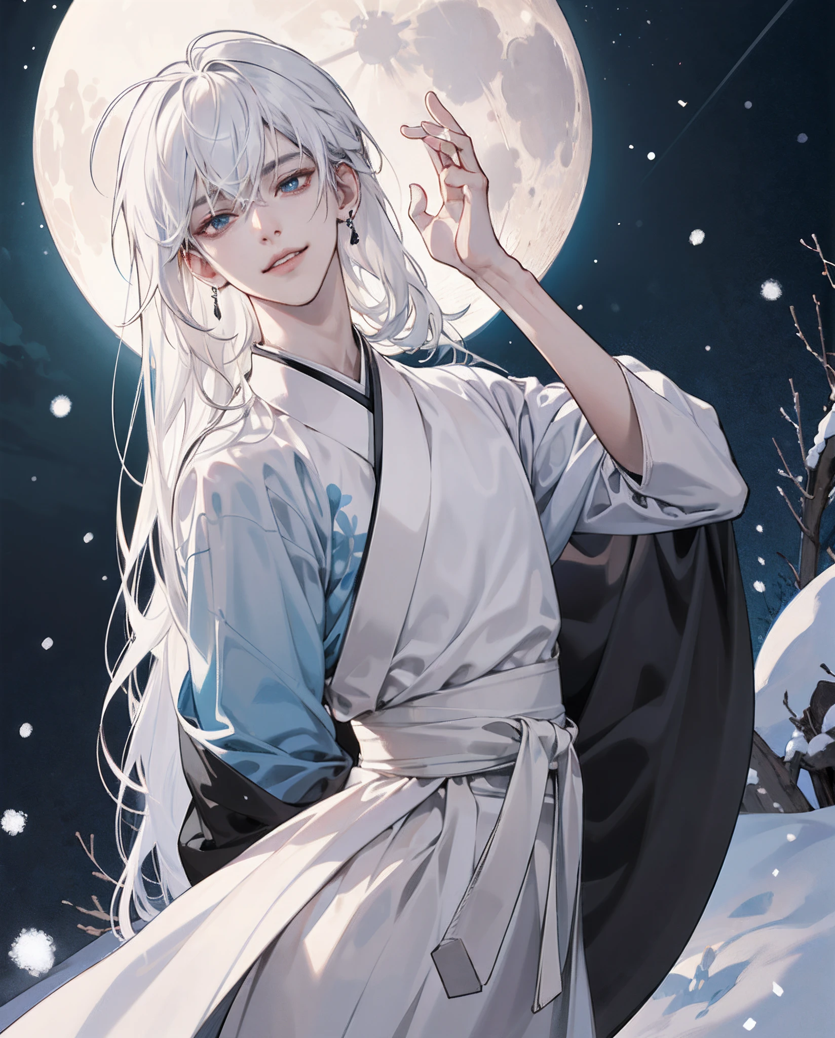 an boy anime guy with waist-length white hair, cold eyes that seem to see through the world, snow-white skin, wearing a white hanbok with black textures, wearing mysterious black earrings like a face moon and night, the corner of his lips lifted a small smile as if mocking the world