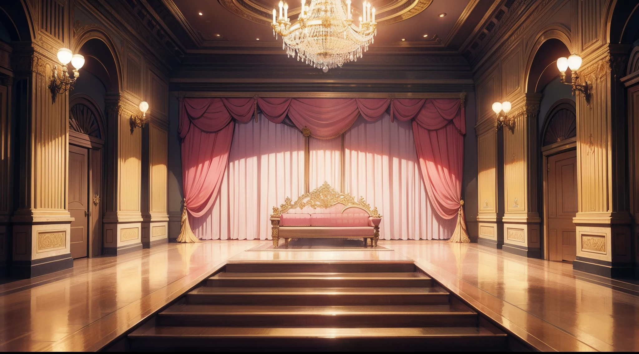 there is a large room with a staircase and a chandelier, concept art inspired by Adélaïde Victoire Hall, trending on cg society, rococo, ballroom background, palace background, interior background art, dance hall background, background art deco palace, background of a golden ballroom, anime background art, stage background, background art, inside a palace, background artwork, all pink