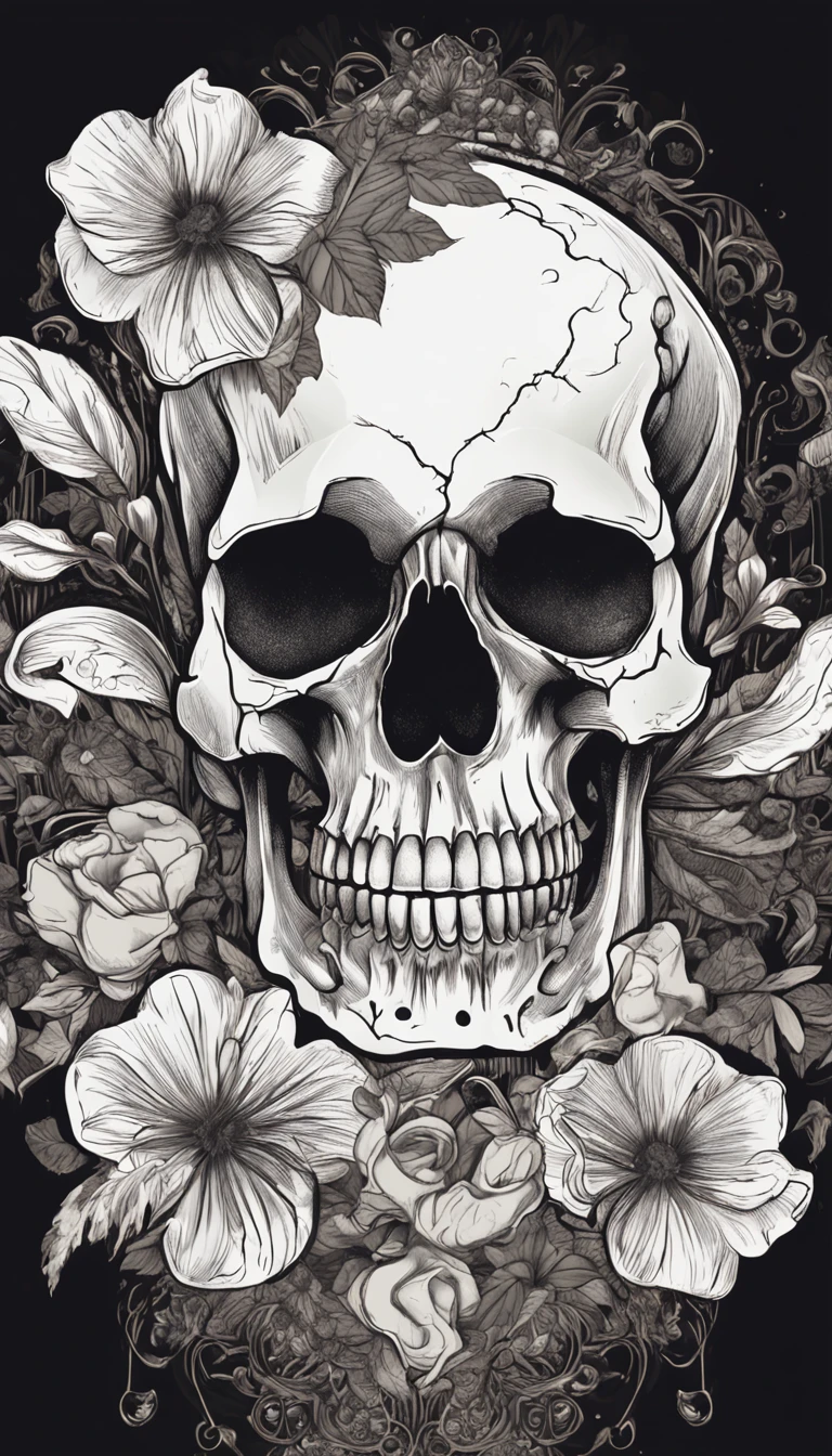 a closeup of a skull with flowers on it, fantasy skull, sacred skull, morphing skulls, ((skull)), death skull, skull tattoo, skull head, Tinta de caveira, skull like, skulls, sacred skulls, skull bones flowers, glass skull, skulls around, arte de fundo, skull face, Directed by: Derek Zabrocki, caveira, colour print