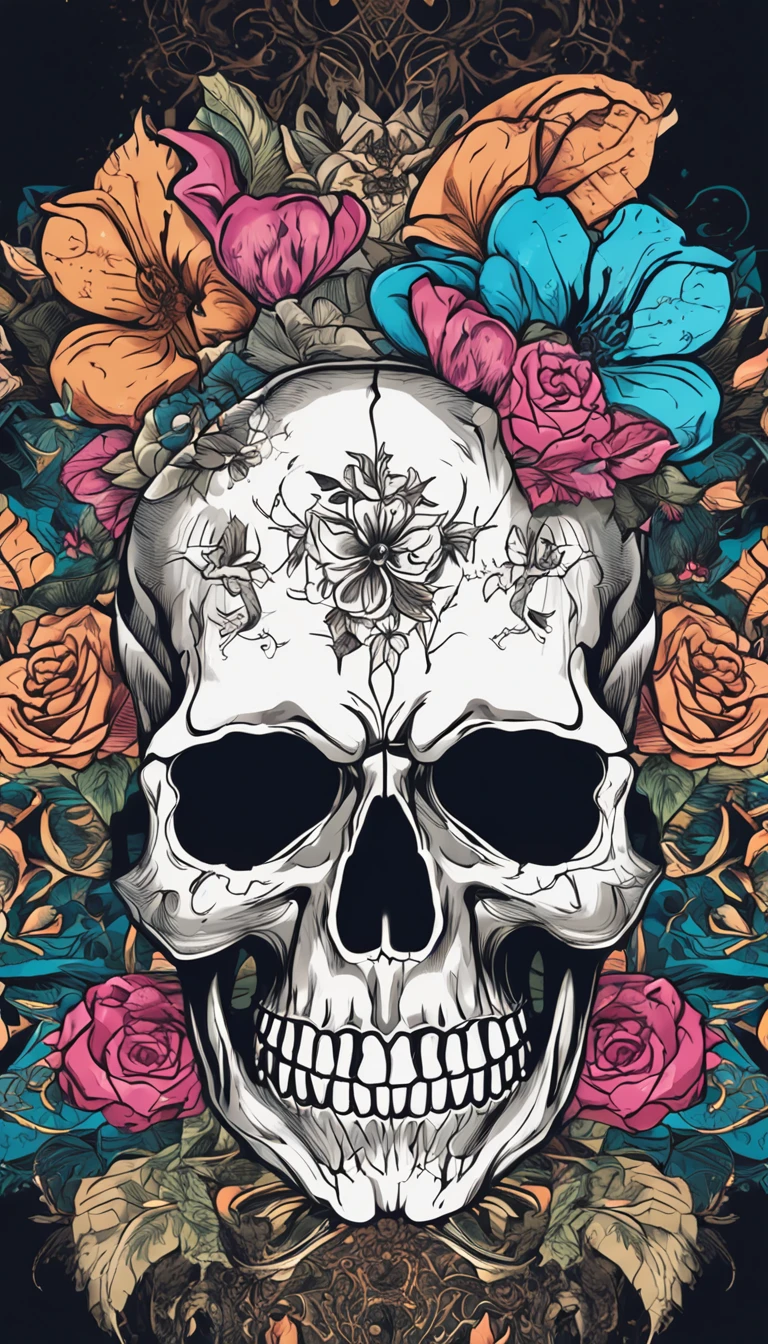 a closeup of a skull with flowers on it, fantasy skull, sacred skull, morphing skulls, ((skull)), death skull, skull tattoo, skull head, Tinta de caveira, skull like, skulls, sacred skulls, skull bones flowers, glass skull, skulls around, arte de fundo, skull face, Directed by: Derek Zabrocki, caveira, colour print
