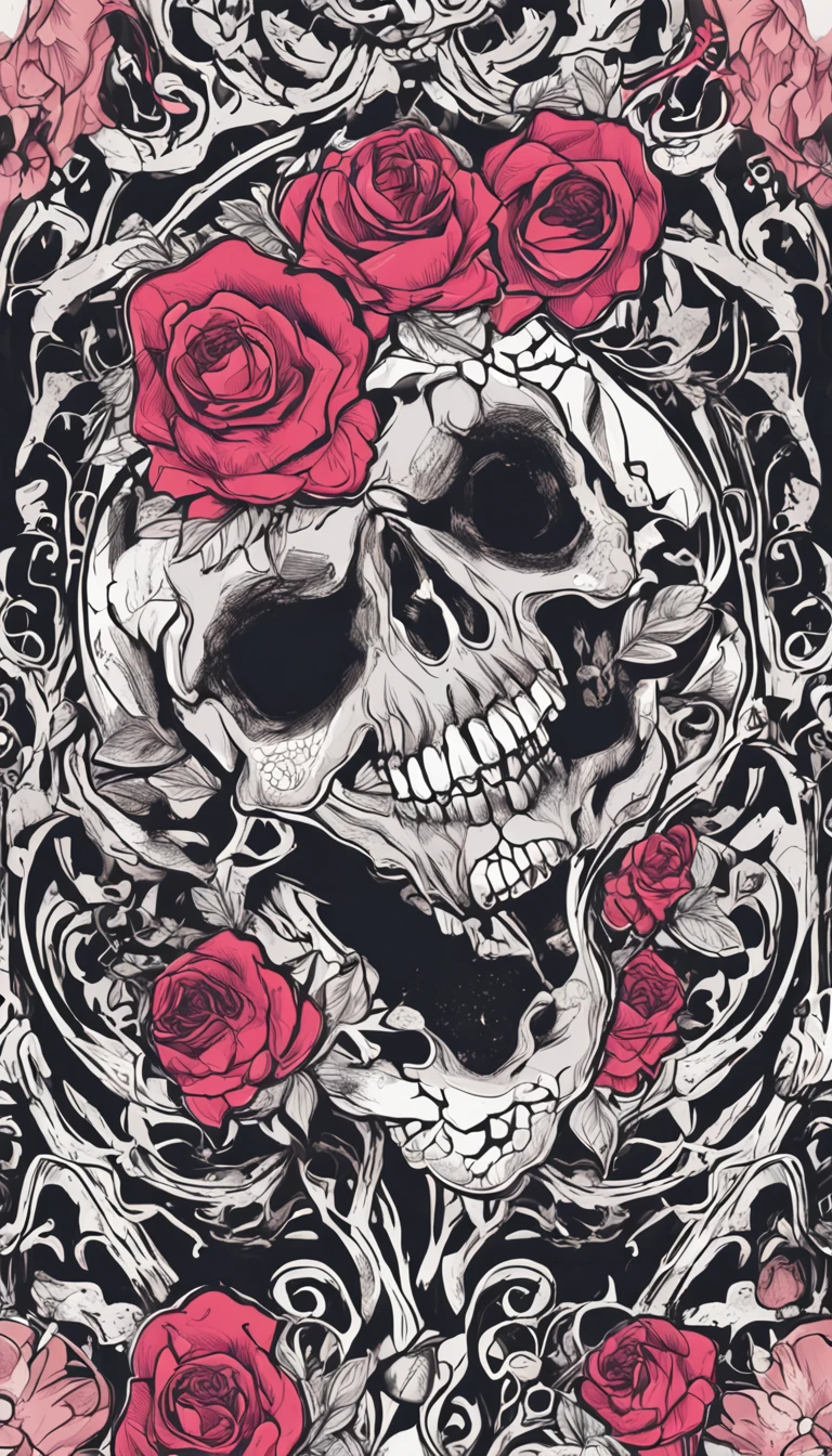 bra prima , EXCELENTE ARTE ,uma caveira com rosas do lado em volta arame farpado ,fundo PRETO ,profissional DESIGN rock and roll , ,ESTAMPA DE CAMISETA DESIGN,sem texto ,Arte