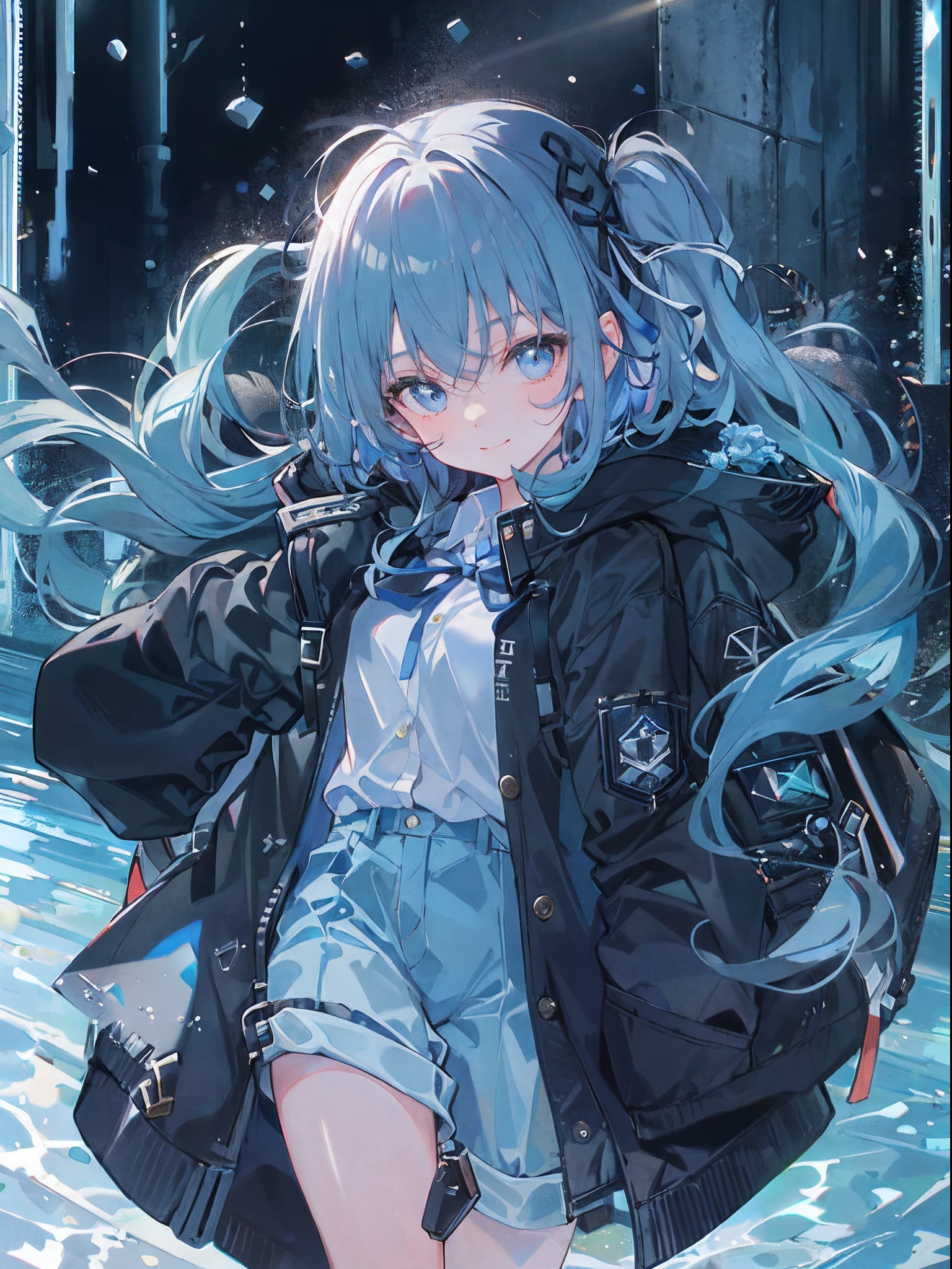 ((top-quality)), ((masterpiece)), ((ultra-detailliert)), (extremely delicate and beautiful), girl with, 独奏, cold attitude,((Black jacket)),She is very(relax)with the(Settled down)Looks,A dark-haired, depth of fields,evil smile,Bubble, under the water, Air bubble,bright light blue eyes,Inner color with light blue hair and dark blue tips,Cold background,Bob Hair - Linear Art, shortpants、knee high socks、White uniform like school uniform、Light blue ribbon ties、Clothes are sheer、Hands in pockets