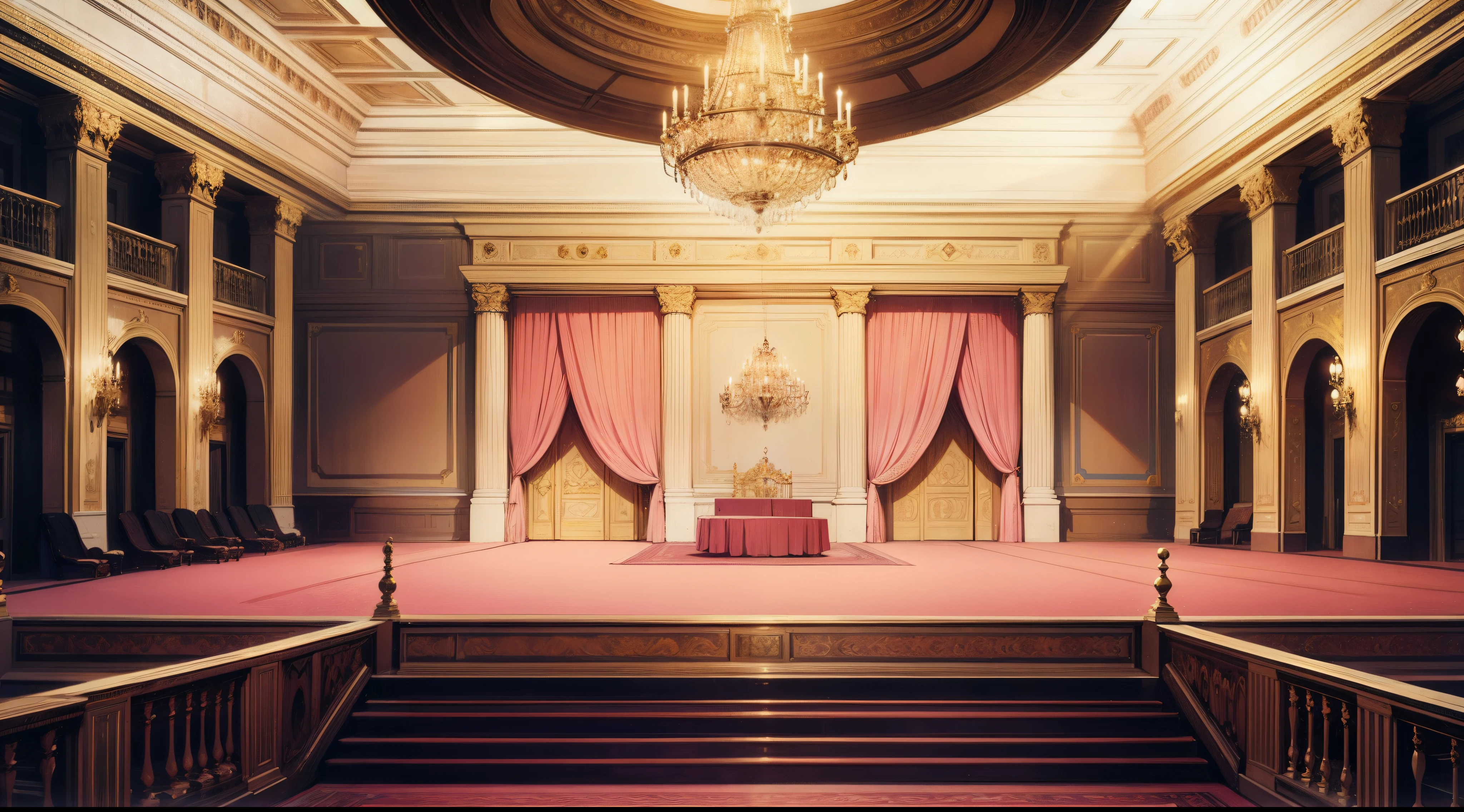 there is a large room with a staircase and a chandelier, concept art inspired by Adélaïde Victoire Hall, trending on cg society, rococo, ballroom background, palace background, interior background art, dance hall background, background art deco palace, background of a golden ballroom, anime background art, stage background, background art, inside a palace, background artwork, all pink