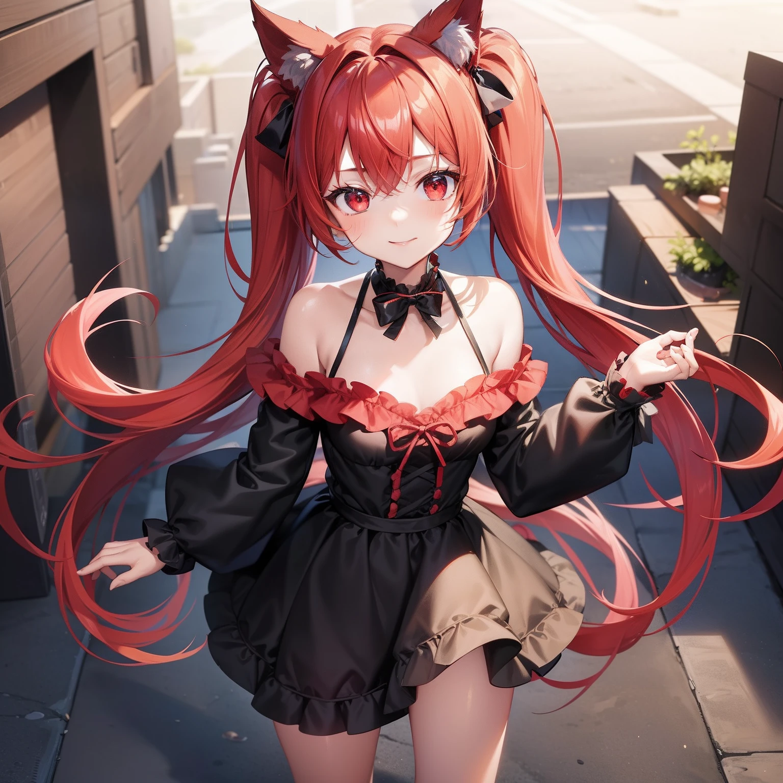 Anime filling,Two-dimensional illustration,Red hair,Half Twin Tail,shorth hair,Big eyes,A smile,a beauty girl,cute little,Super Cute,Black cat ears,Red Eyes,Ruffled Clothes,Black lace clothes,Inner colorGreen,One girl,Full body painting,A masterpiece of 2D art,(masterpiece,Top image quality:1.3),(detaile:1.2),(1人),Painting of the whole body