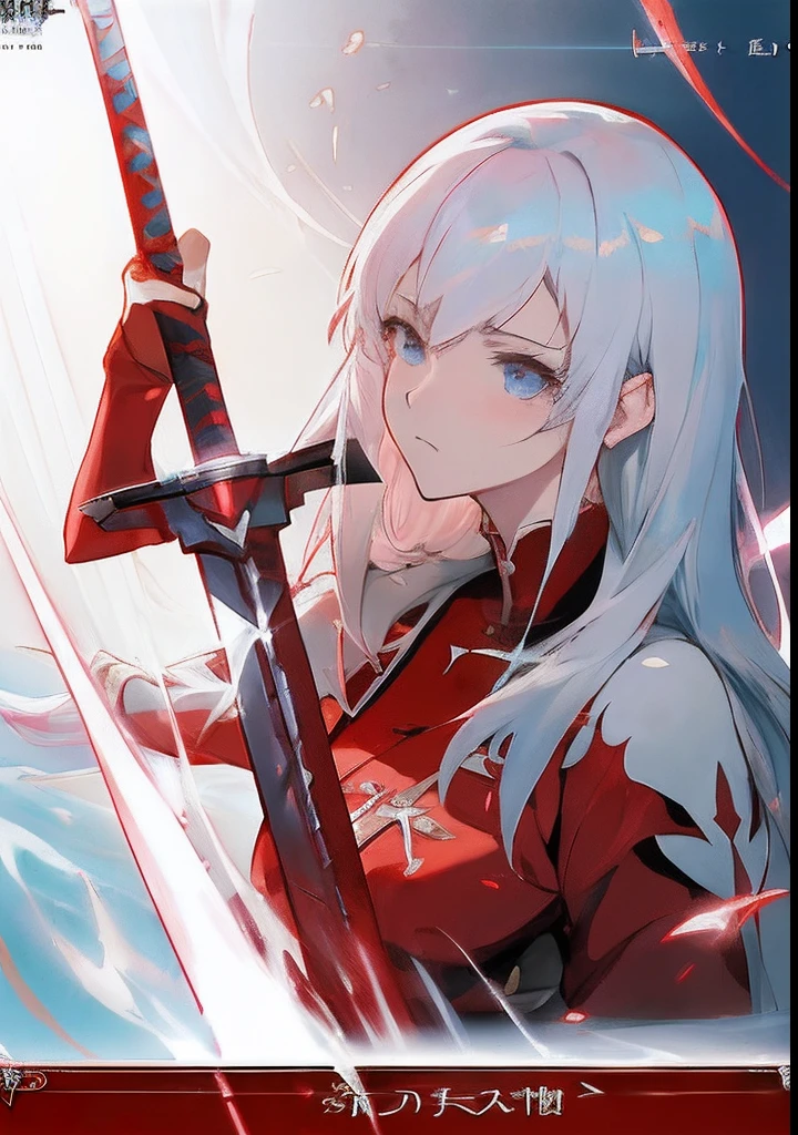 Anime girl with white hair and red costume holding a sword, cushart krenz key art feminine, epic light novel art cover, overdetailed art, Detailed key anime art, epic light novel cover art, key art, official artwork, cyarine, Official art, high detailed official artwork, fronds, High quality anime art style, zerochan art