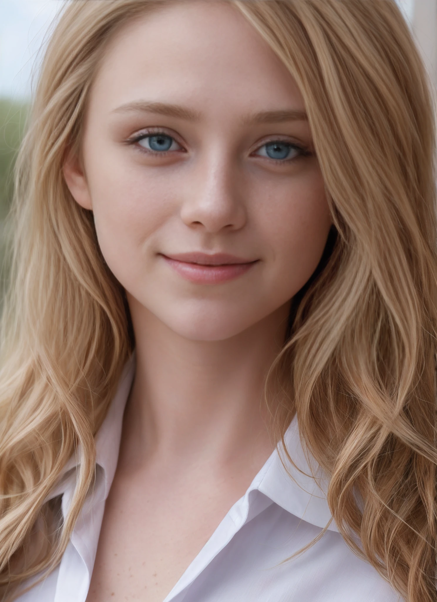 masterpiece, realistic, detailed eyes, beautiful, looking at the viewer, natural lighting, depth of field, film grain, wrinkled skin, 24yo, female, solo, wavy long blonde hair, blue eyes, white, formal shirt, freckles, smile, lips, upper body, Portrait, Close-up, Front view, Exterior