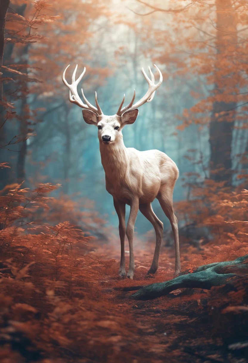 Albino deer in a mystical forest, drawing