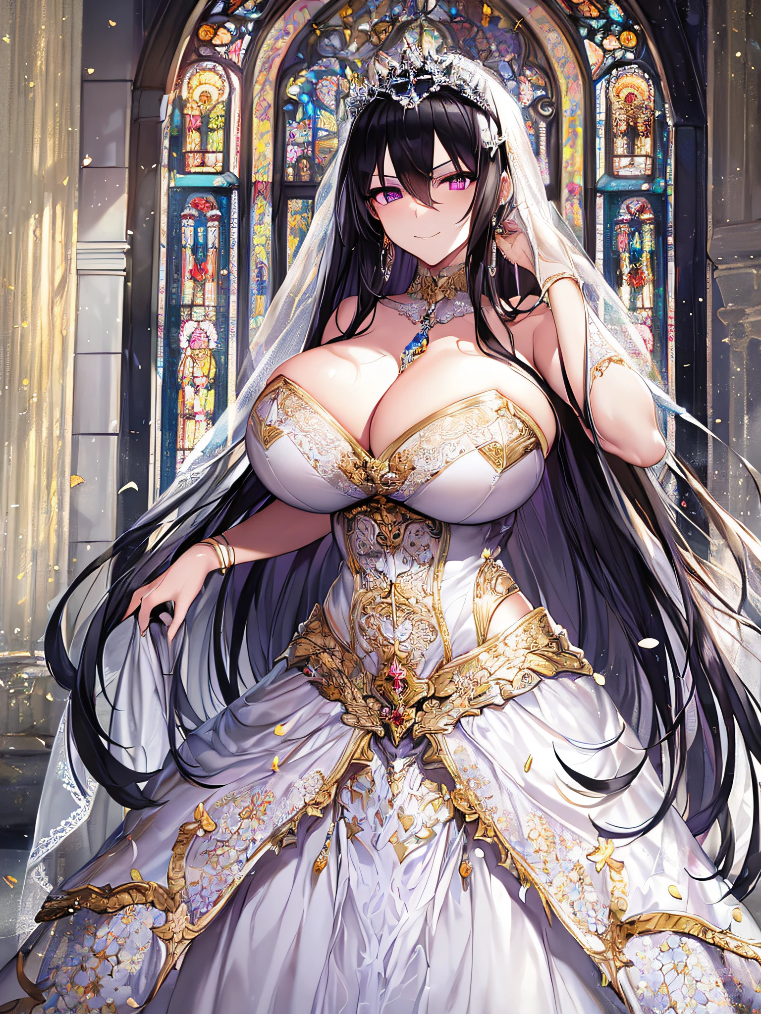 ((anime artstyle)),Masterpiece,Best Quality,Super Detail,Very Delicate and Beautiful,Solo,((full body)),((1 arrogant queen wearing beautiful embroidery gorgeous white wedding dress with voluminous crinoline hoop skirt)),(gigantic tits,skindentation),jewel-like eyes,((arrogant smile)),((arrogant,haughty)),dominant pose,Sharp eyes,(Purple eyes),Beautiful detailed face and eyes,((Bangs between eyes,voluminous straight hair,extremely Long straight Hair)),black hair,gorgeous embroidery and lace,enormous puffed sleeves,luxury hair ornament,extremely gorgeousfull jeweled tiara,long train,bling-bling gorgeous gemstone jewelry,long wedding veil,full body,standing in the sacred cathedral,indoor,white lily flowers,flower petals flowing,Stained glass,light particles,Sacred Light,((luxury carpet)),((beautiful embroidery gorgeous stately white wedding dress with voluminous crinoline hoop skirt))