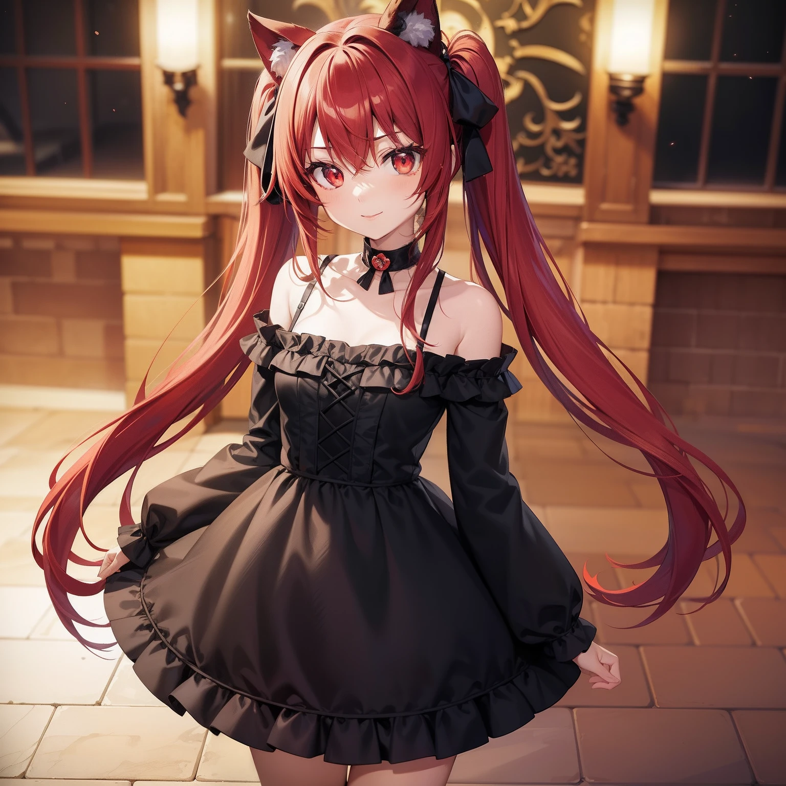 Anime filling,Two-dimensional illustration,Red hair,Half Twin Tail,shorth hair,Big eyes,A smile,a beauty girl,cute little,Super Cute,Black cat ears,Red Eyes,Ruffled Clothes,Black lace clothes,Inner colorGreen,One girl,Full body painting,A masterpiece of 2D art,(masterpiece,Top image quality:1.3),(detaile:1.2),(女の子1人),Standing picture