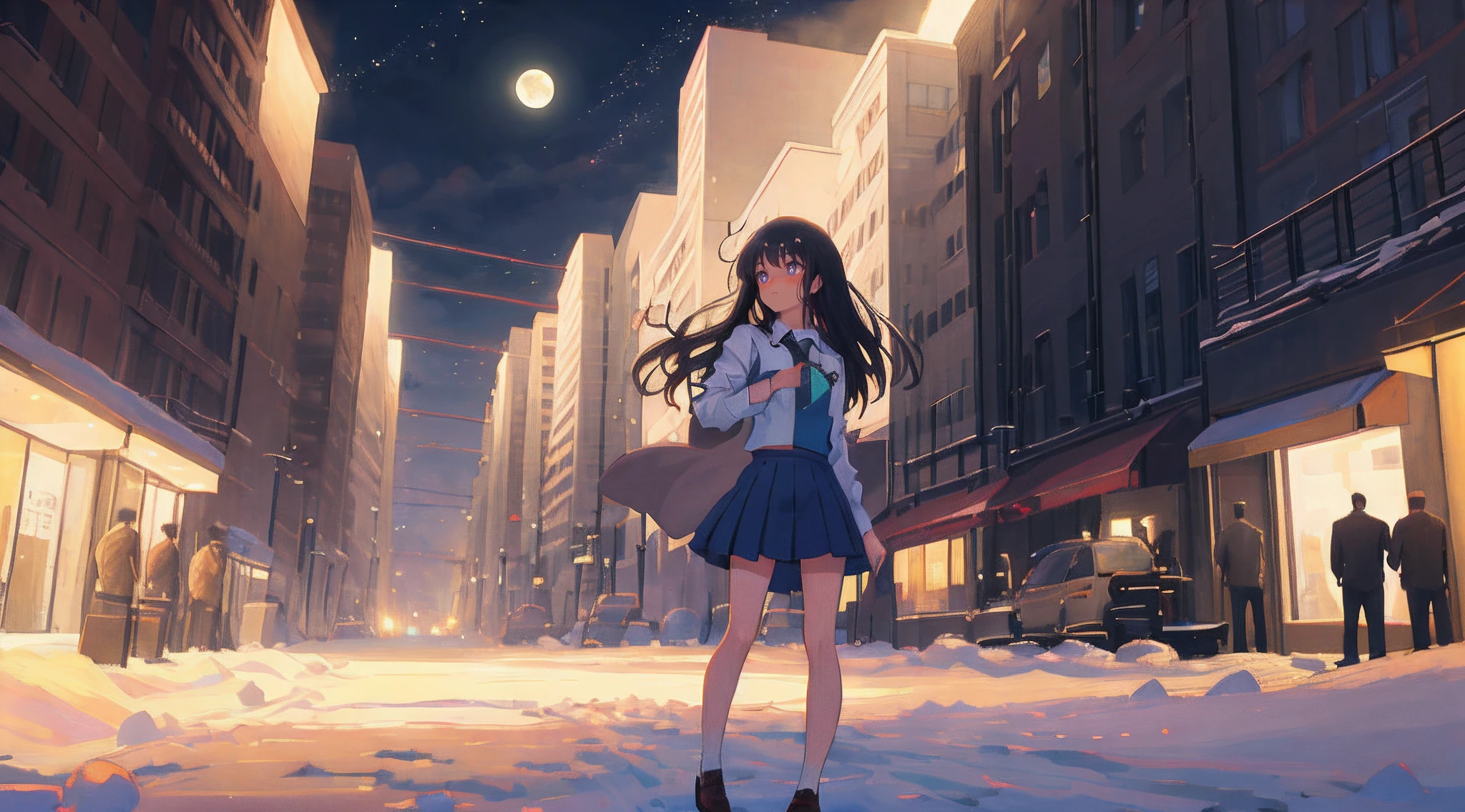 Inoue Takina, Long hair, bangs, Black hair, Purple pupils,Uniform short skirt,Bare legs,Extreme,Bare body,Expose the collarbone,Bare chest,Crop top,Bare crotch,the night,Falling snow,snowfield,Thighs facing inward,Wide sky,small moon,Intricate clouds,Unfasten collared shirt and tie city night view,The characters are naked,Cruise ships coming and going,mediuml breasts,Naked of breast,beautiful countenance,Cinematic texture,Anime art wallpaper 8k, Beautiful anime girl, 4k manga wallpapers,Detailed,The sky passes through meteors,Masterpiece,Detailed light,illustration,Petite body,Beautiful detailed eyes,shyexpression,On extremely refined Cg ,Highly detailed,(Masterpiece)), Dynamic Angle, (Best quality), Best shadow,Winter sports,solo person,Naked of breast,perfect female shape,stereograms,shadowing,Blushing ears,rough breath, shadowing, in a panoramic view, 8K, Super detail, Anatomically correct,A bustling city street,Steampunk City,the street lights,Oyuki,One hand ruffled his hair,cropped shoulders,Small leather shoes,Short black socks