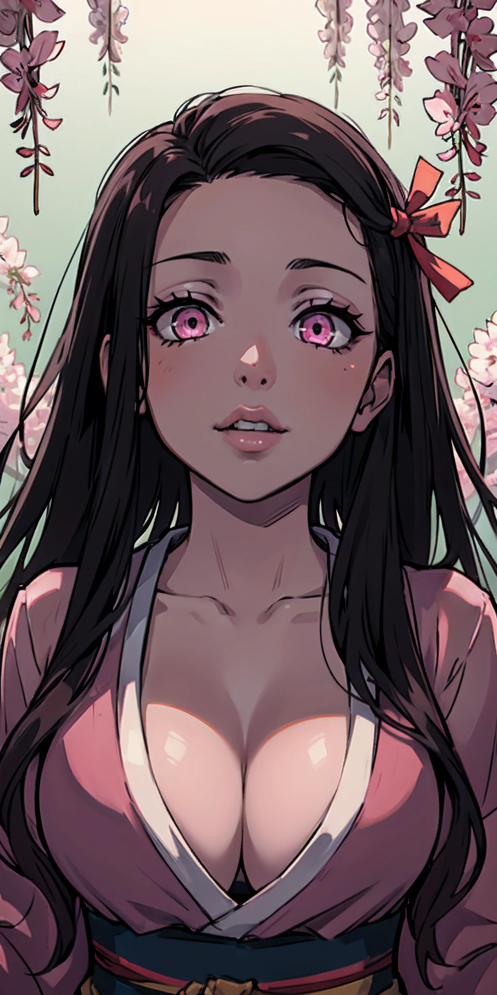 masterpiece, (pink kimono), seductive face, good lighting, cleavage, fine detail, masterpiece, glowing eyes, 1girl, black hair, sucking, nezuko kamado, wisteria background, masterpiece, best quality, pov,,