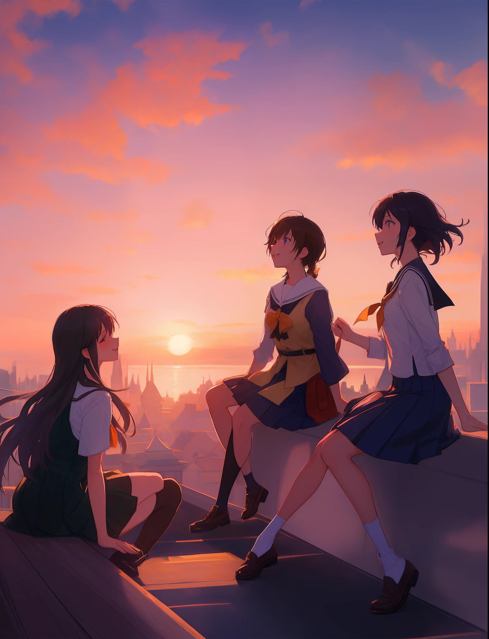 Create an exquisite illustration reminiscent of Makoto Shinkai's style, characterized by its superfine detail and top-tier quality.　Create a captivating illustration that encapsulates the essence of nostalgia and fantasy as a group of students gather on the rooftop of their school, all wearing smiles as they gaze at the mesmerizing sunset. The sun hangs low in the sky, casting a warm, golden glow that bathes the entire scene in a dreamlike atmosphere. The setting sun creates a breathtaking panorama, turning the sky into a canvas of vibrant colors - hues of orange, pink, and purple blending seamlessly. The students, with their faces lit up by the golden light, wear expressions of awe and tranquility as they take in the spectacle before them. Pay meticulous attention to detail, allowing the sunlight to dance on their joyful expressions, and the interplay of light and shadow to emphasize the textures of their surroundings. Your objective is to create an image that not only captures the serenity of the moment but also sparks the imagination, inviting viewers to join these students in their contemplative and magical experience. Through your artistic prowess, transform the rooftop into a stage for nostalgia and wonder, where the shared view of the sunset brings about a sense of camaraderie and a connection to the beauty of the fleeting moment