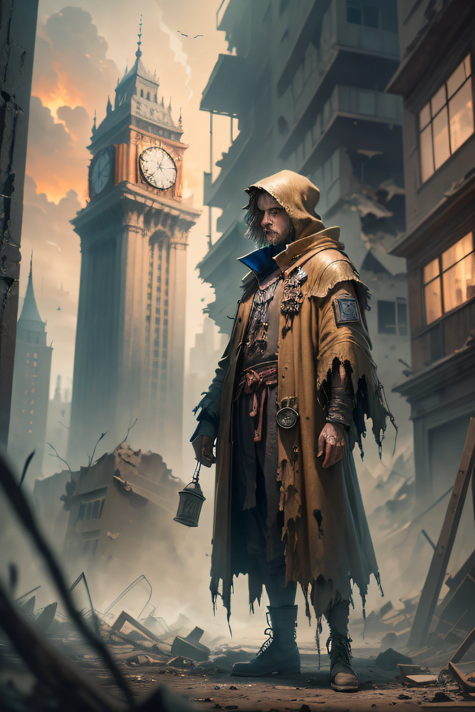 A guardian of lonely time holding an ancient clock in his hands, in a desolate apocalyptic scenario. He wears a torn robe, with shaggy hair and a tired look. In the background, crumbling buildings, rubble, toxic smoke, reddish skies and dead trees.