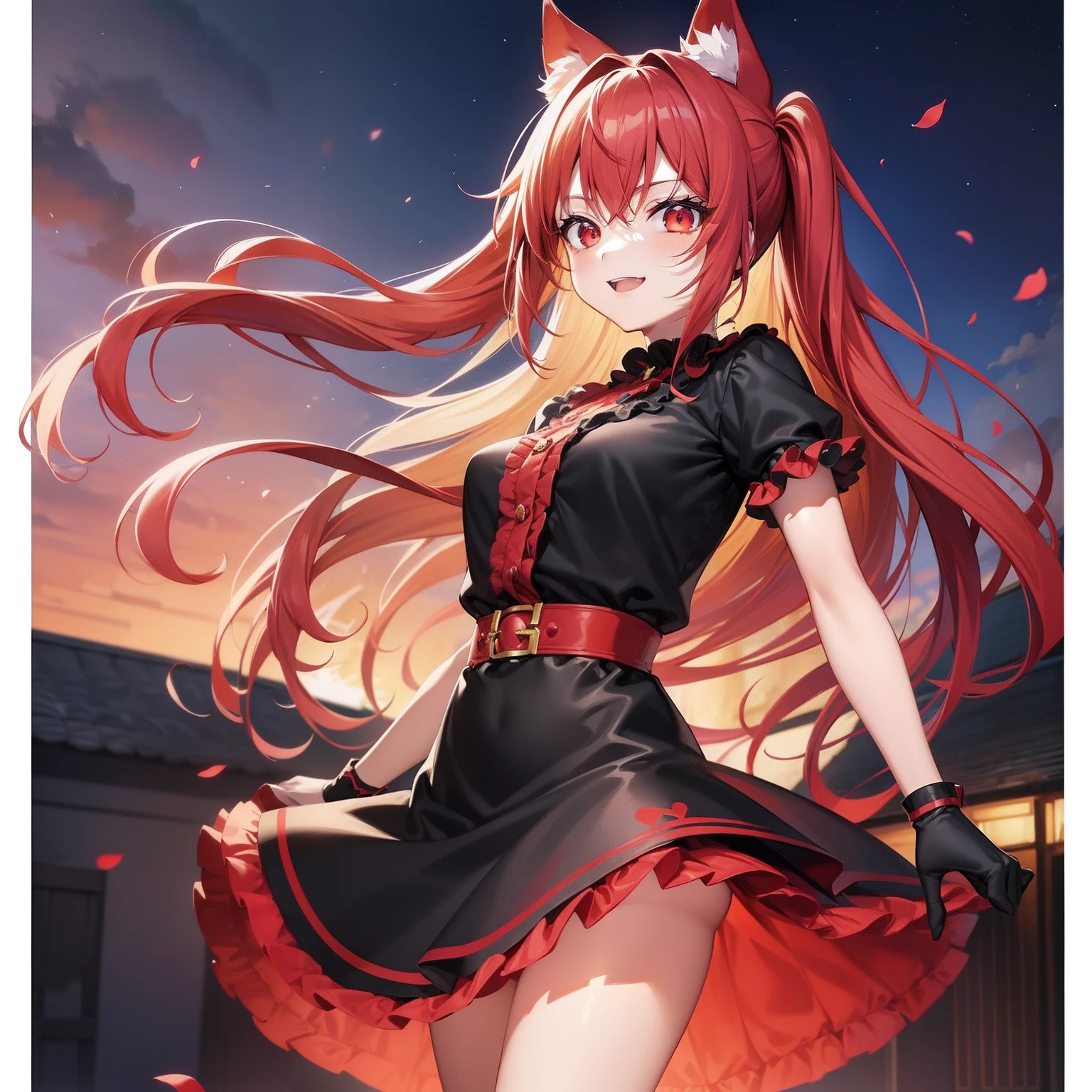 Anime filling,Two-dimensional illustration,Red hair,Half Twin Tail,shorth hair,Big eyes,A smile,a beauty girl,cute little,Super Cute,Black cat ears,Red Eyes,Ruffled Clothes,Black lace clothes,Inner colorGreen,One girl,Full body painting,A masterpiece of 2D art,(​masterpiece,Top image quality:1.3),(detaile:1.2),(女の子1人),Standing picture