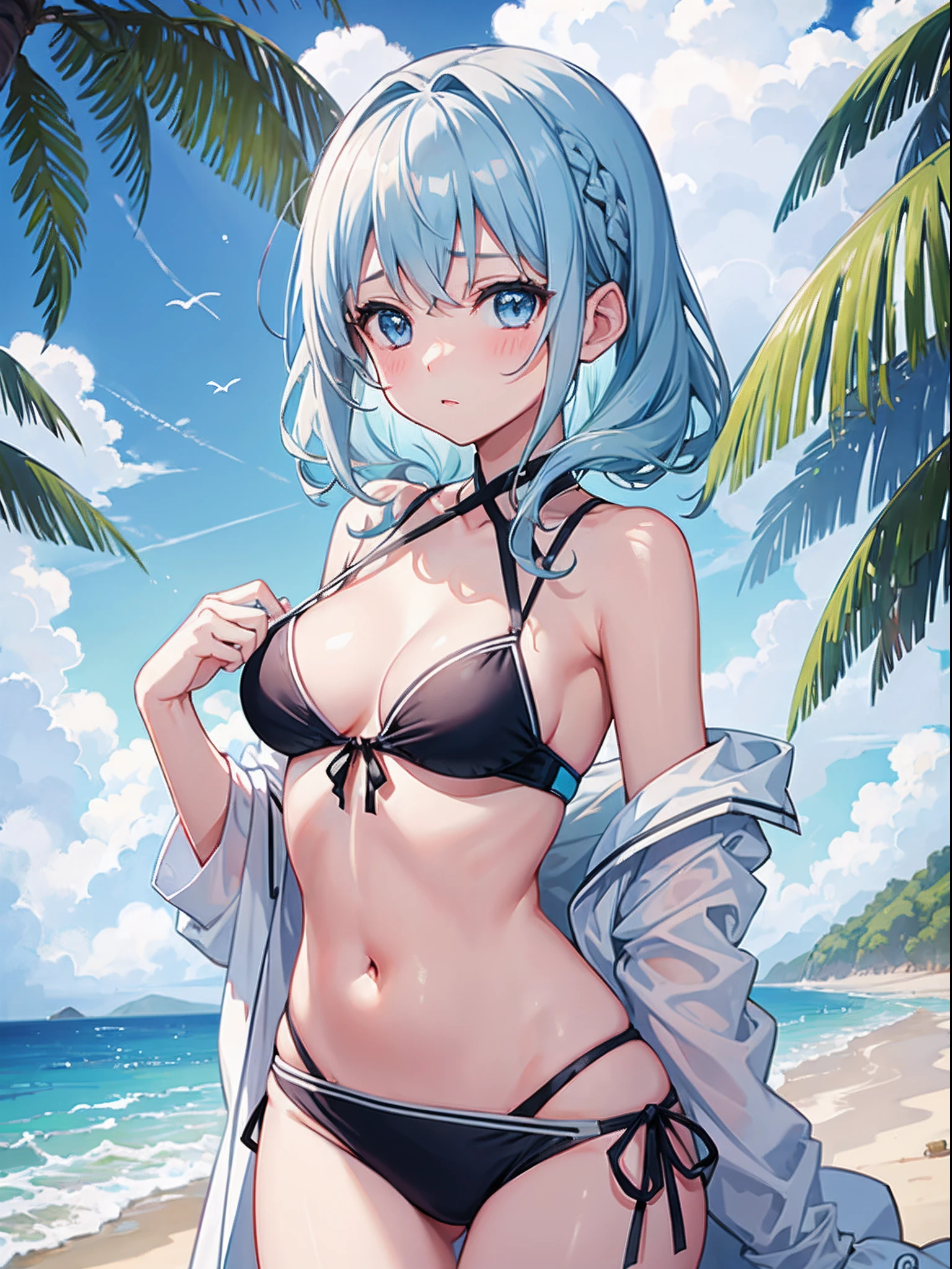 1girl in,Light Svert Medium Hair,Tying hair,Light blue eyes,Beach,Swimsuit,Cute,blush,medium breasts,cumulonimbus clouds,Best Quality++,Highest Quality++