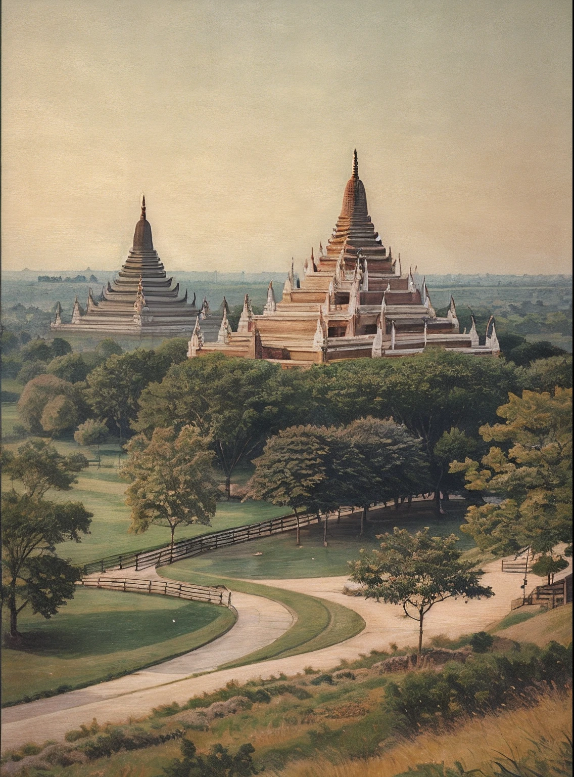 (masterpiece,best quality),vintage, beautiful
park,moutain,water,tree, Bagan, Myanmar, Pagodas