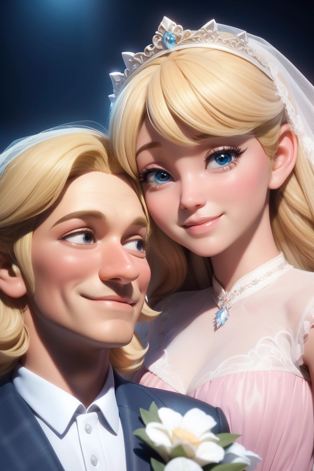 Holiday - muslin wedding anniversary 37 years ago, Blonde bride and cheerful groom. a closeup of a. Disney Pixar's cartoon style. super realistic. Cinematic. Blurred fairy tale background. Light haze.